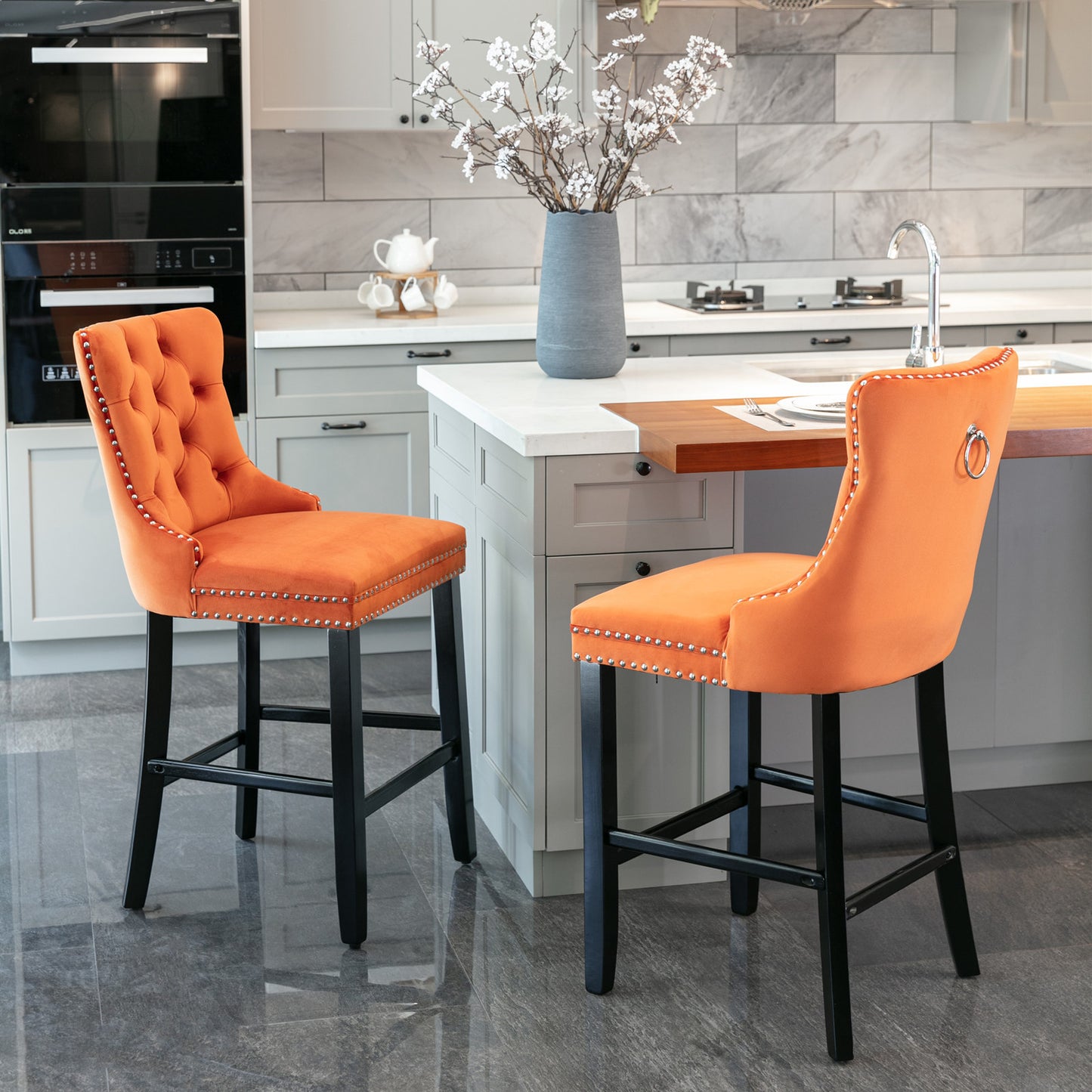 Contemporary Velvet Upholstered Barstools with Button Tufted Decoration, Wooden Legs, and