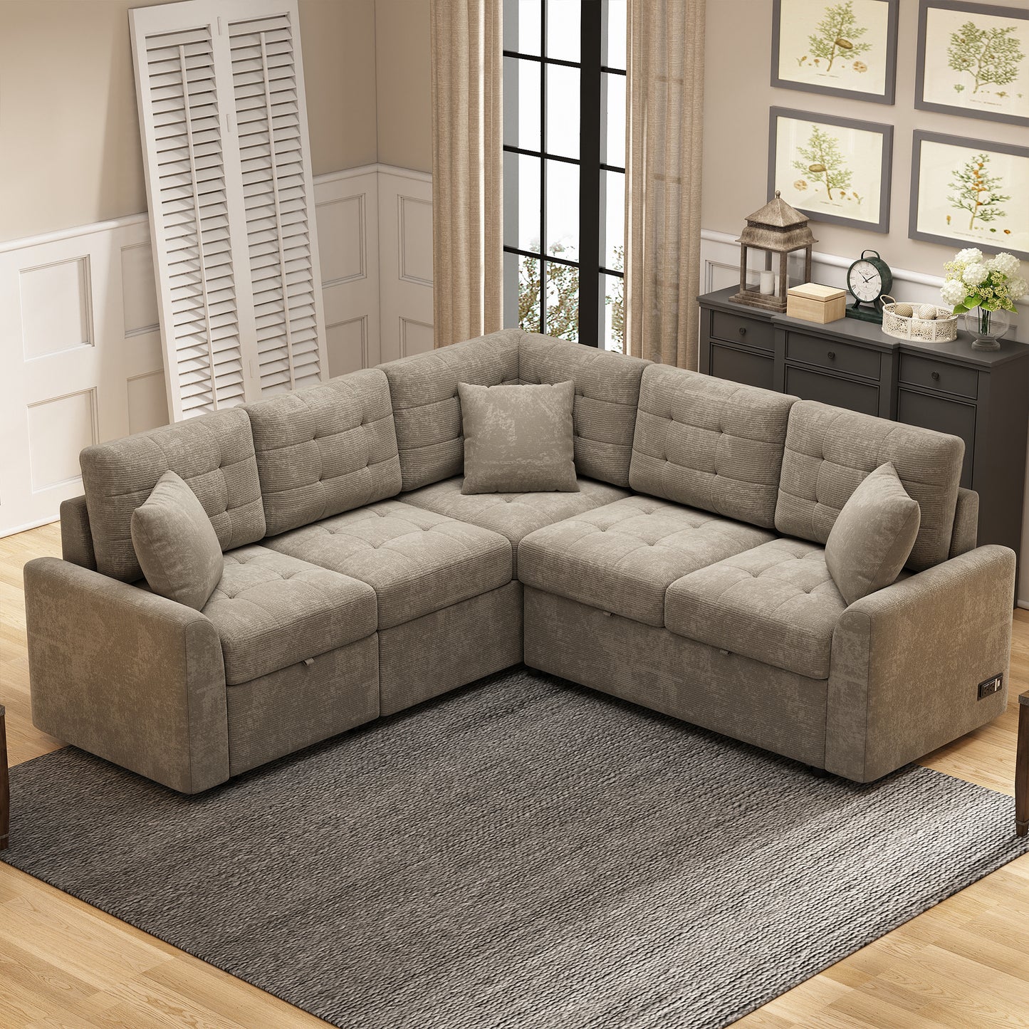 82.6" L-shape Sofa Bed Pull-out Sleeper Sofa with Wheels, USB Ports, Power Sockets for Living Room , Khaki