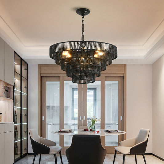 Pendant Light Iron and Rope Black Farmhouse, Available in 5-Tier and 4-Tier options for Dining Room and Kitchen Island