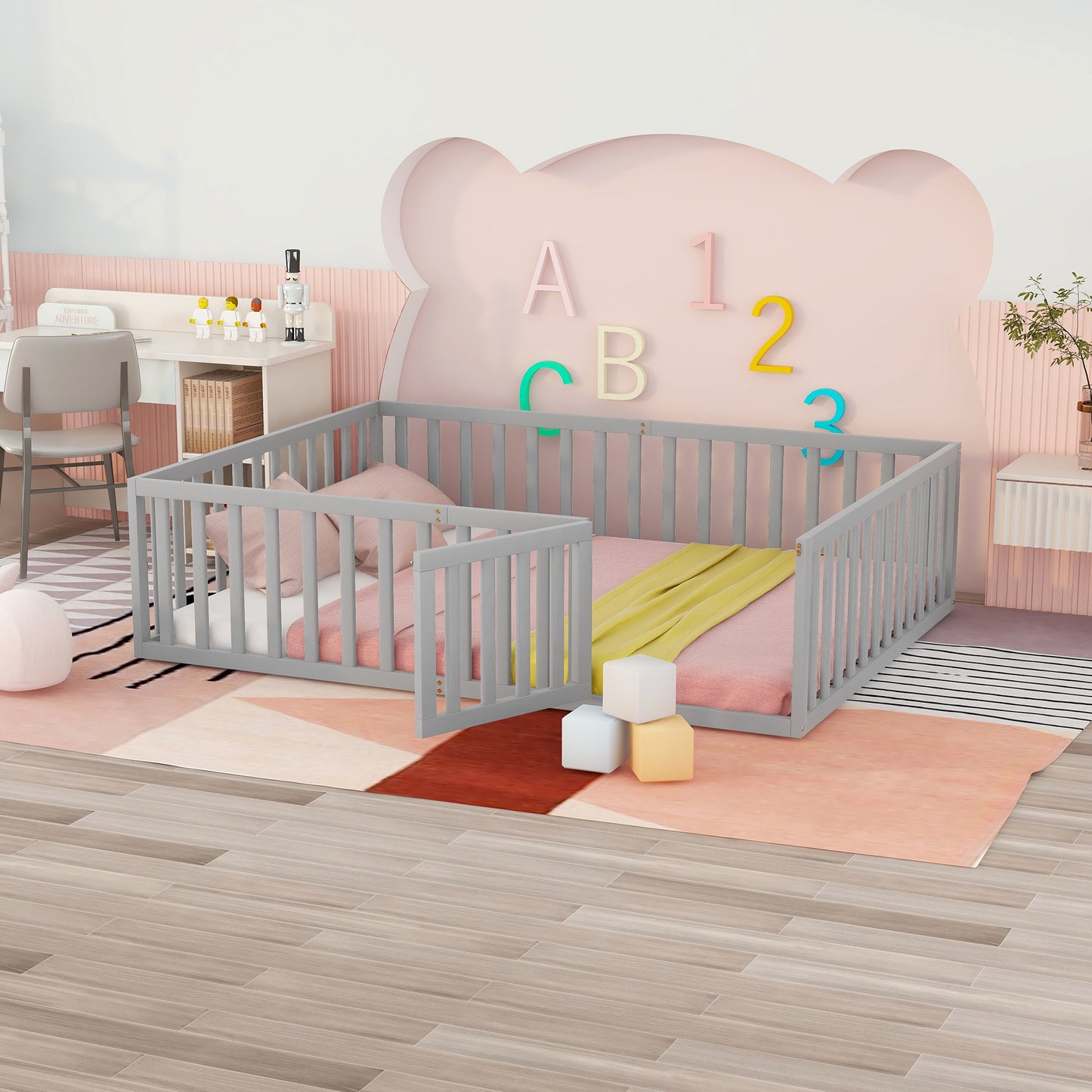 Wood Floor Bed Frame with Fence and Door