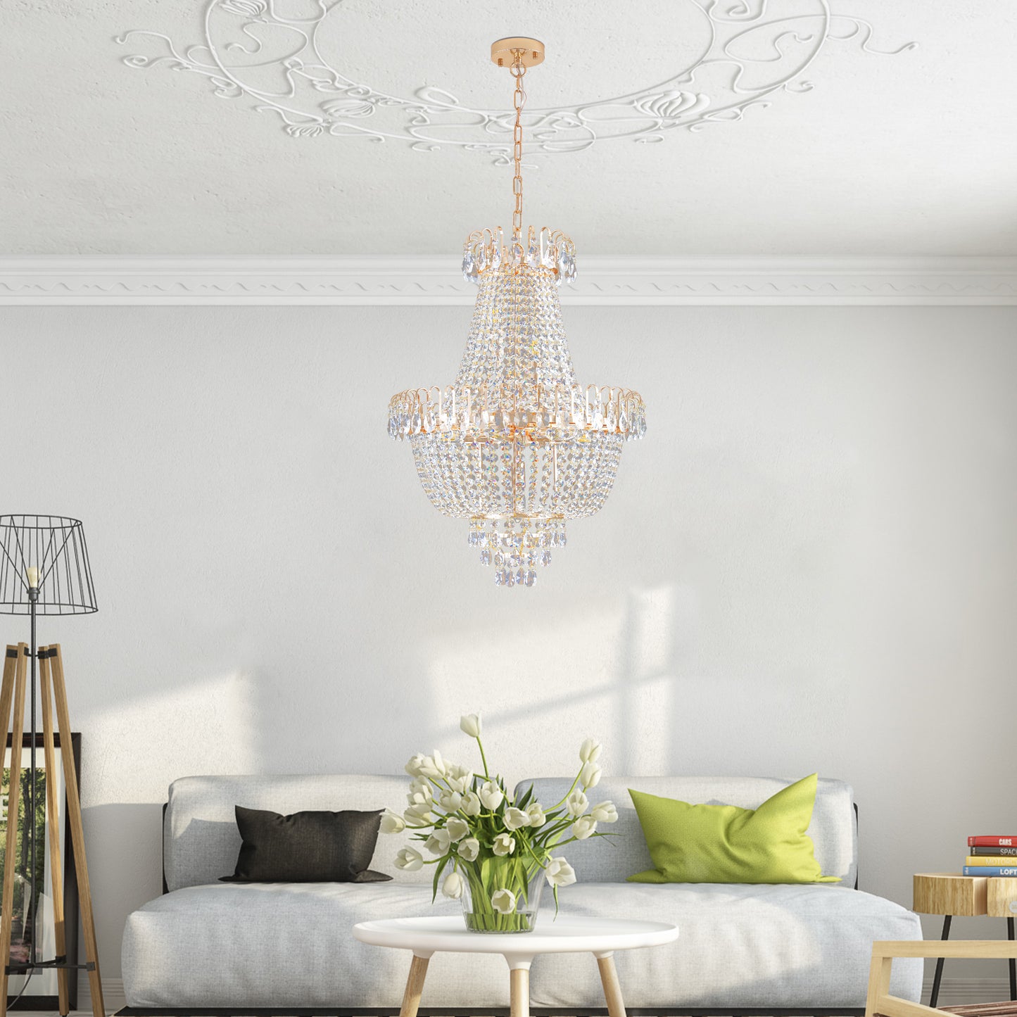 (Same as W1340P143189)Gold Crystal Chandeliers,Large Contemporary Luxury Ceiling Lighting for Living Room Dining Room Bedroom Hallway (Without Bulb)