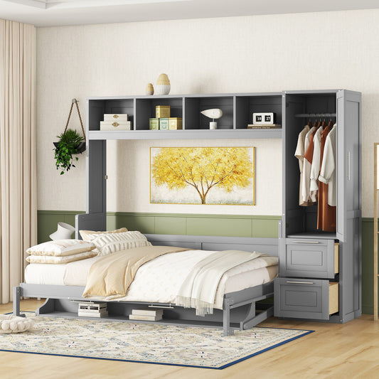 Murphy Wall Bed, Queen Size, MDF and LVL with Drawers and Wardrobe Storage for Bedroom or Home Office