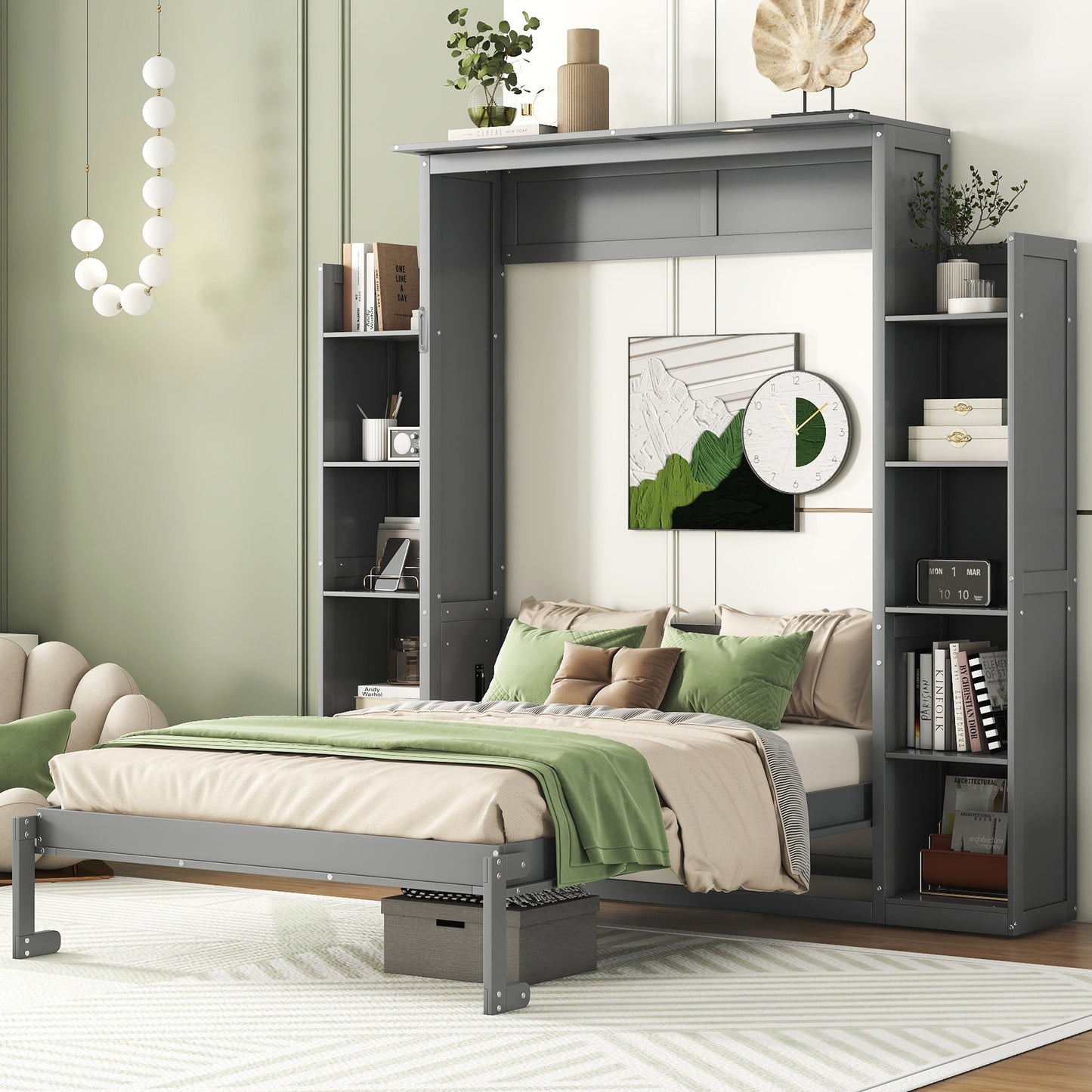 Full Size Murphy Bed Wall Bed with Shelves and LED Lights