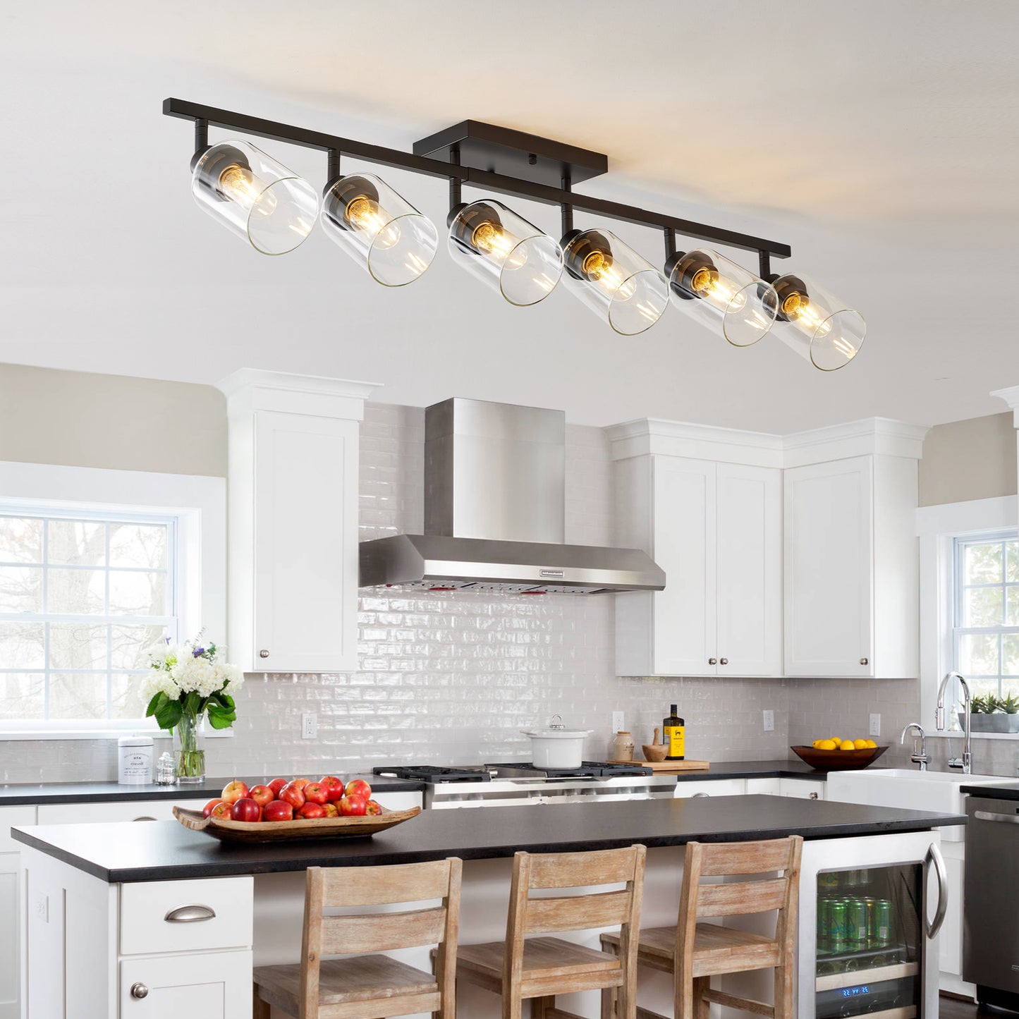 Modern Black Track Lighting Kit with Clear Glass Shades, Rotatable Semi Flush Mount Ceiling Light Fixtures