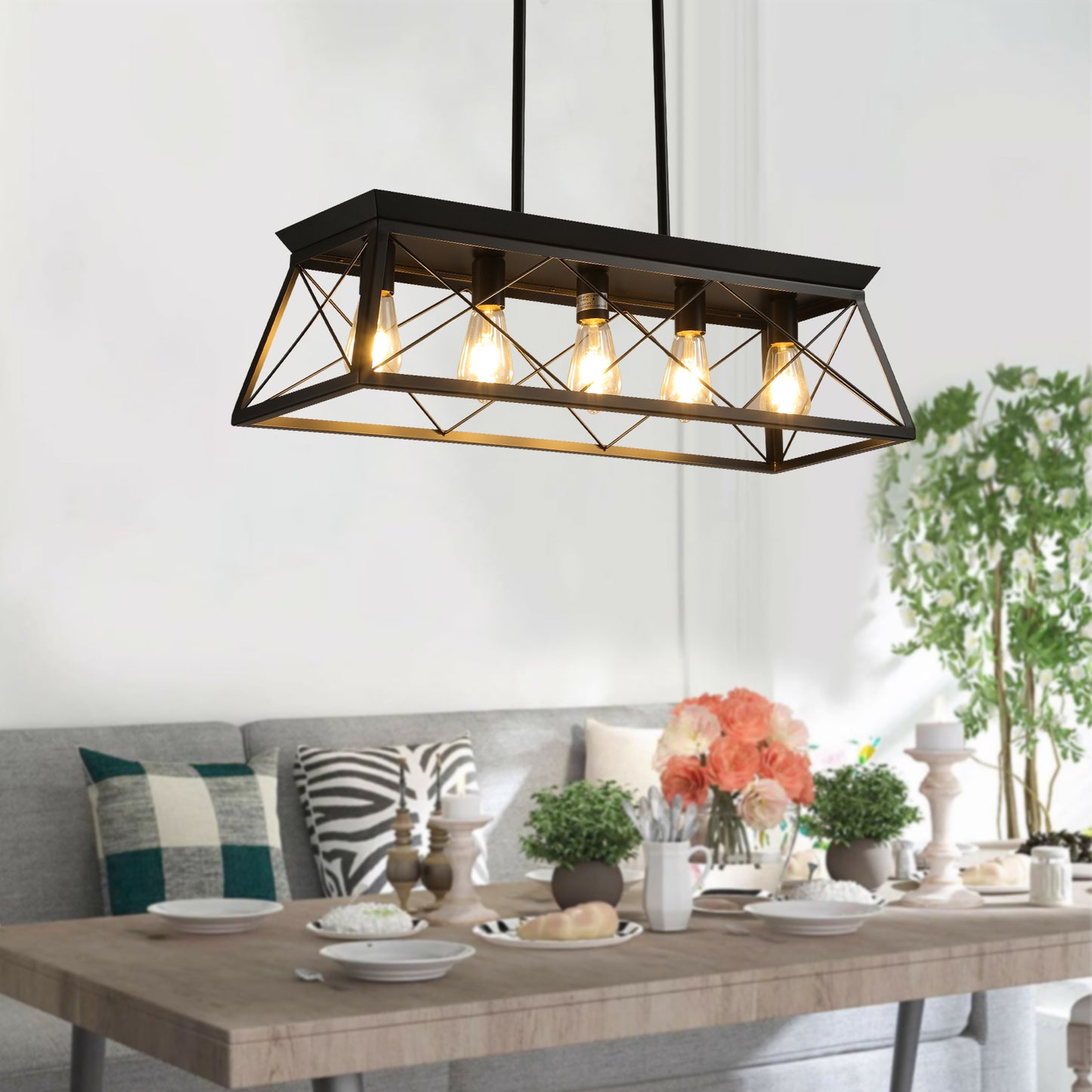 (Same as W1340111200/L1006) 5-Light Farmhouse Chandeliers for Dining Room, Metal Rustic Pendant Island Light Fixture, Modern Rectangular Island Lights for Kitchen, Living Room Pure black(No Bulbs)