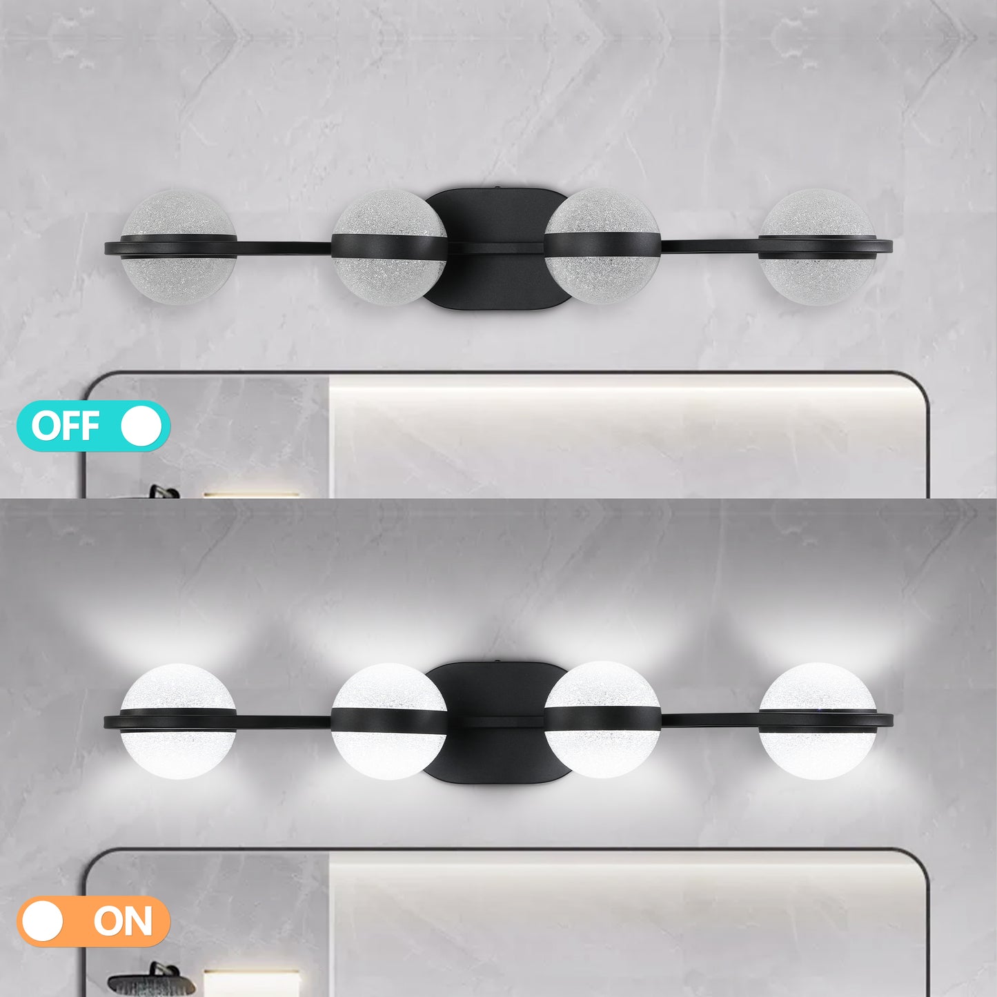 (NEW SKU:W1340P206792) Modern Minimalist Bathroom Vanity Light, LED 4 Bulb Frosted Glass Shades, Wall Mounted Decorative Lighting Fixture, Suitable for Bathroom Vanity Mirror (Black)