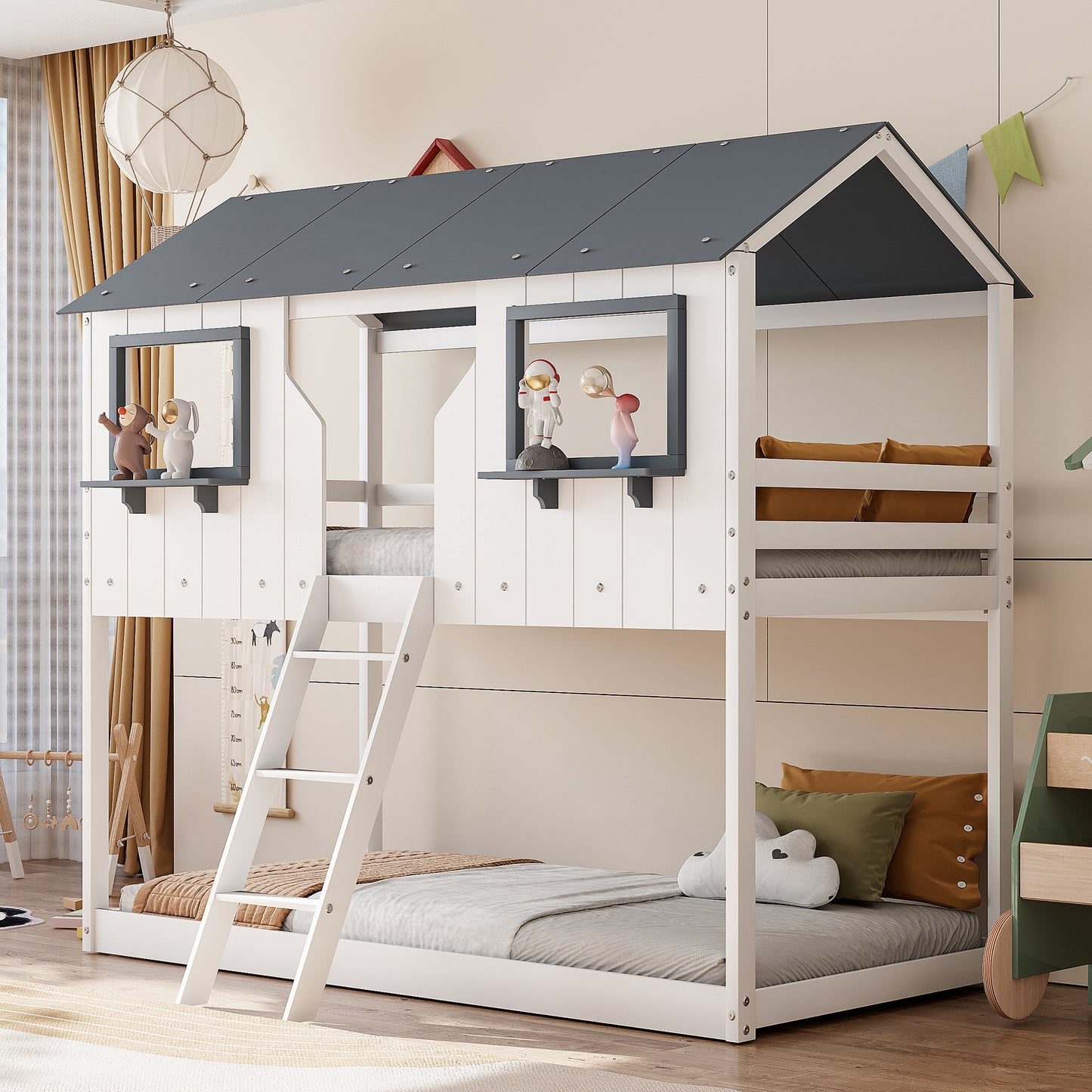 Twin Over Twin Bunk Bed Wood Bed with Roof, Window, Guardrail, Ladder (White)