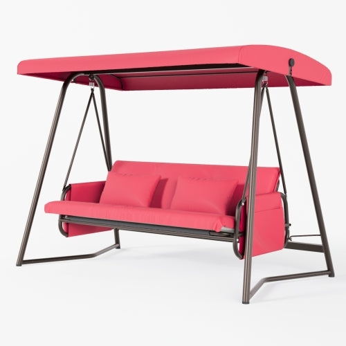 Red 3-Seat Outdoor Patio Swing with Stand, Adjustable Canopy and Thick Cushions