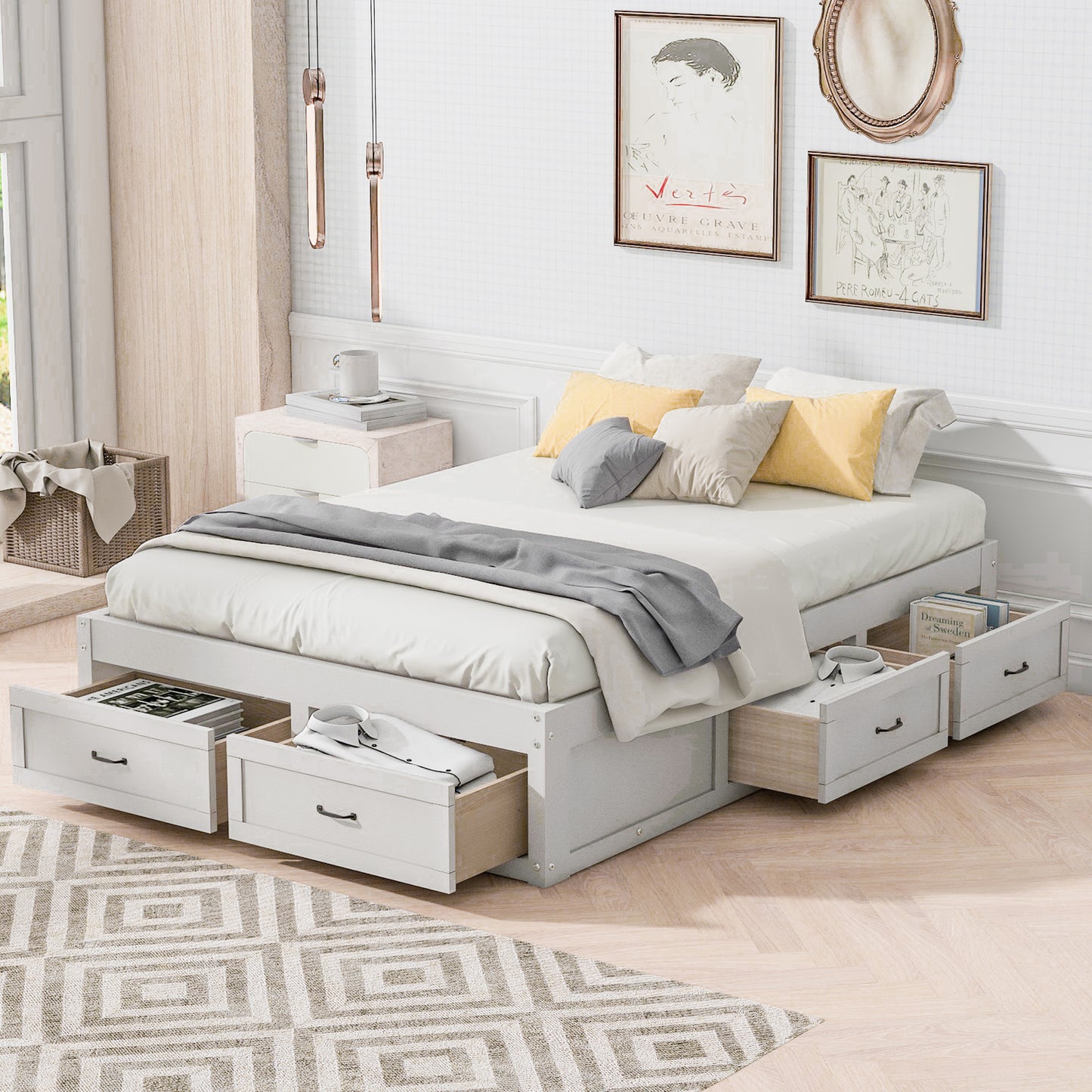 Full Size Platform Bed with 6 Storage Drawers