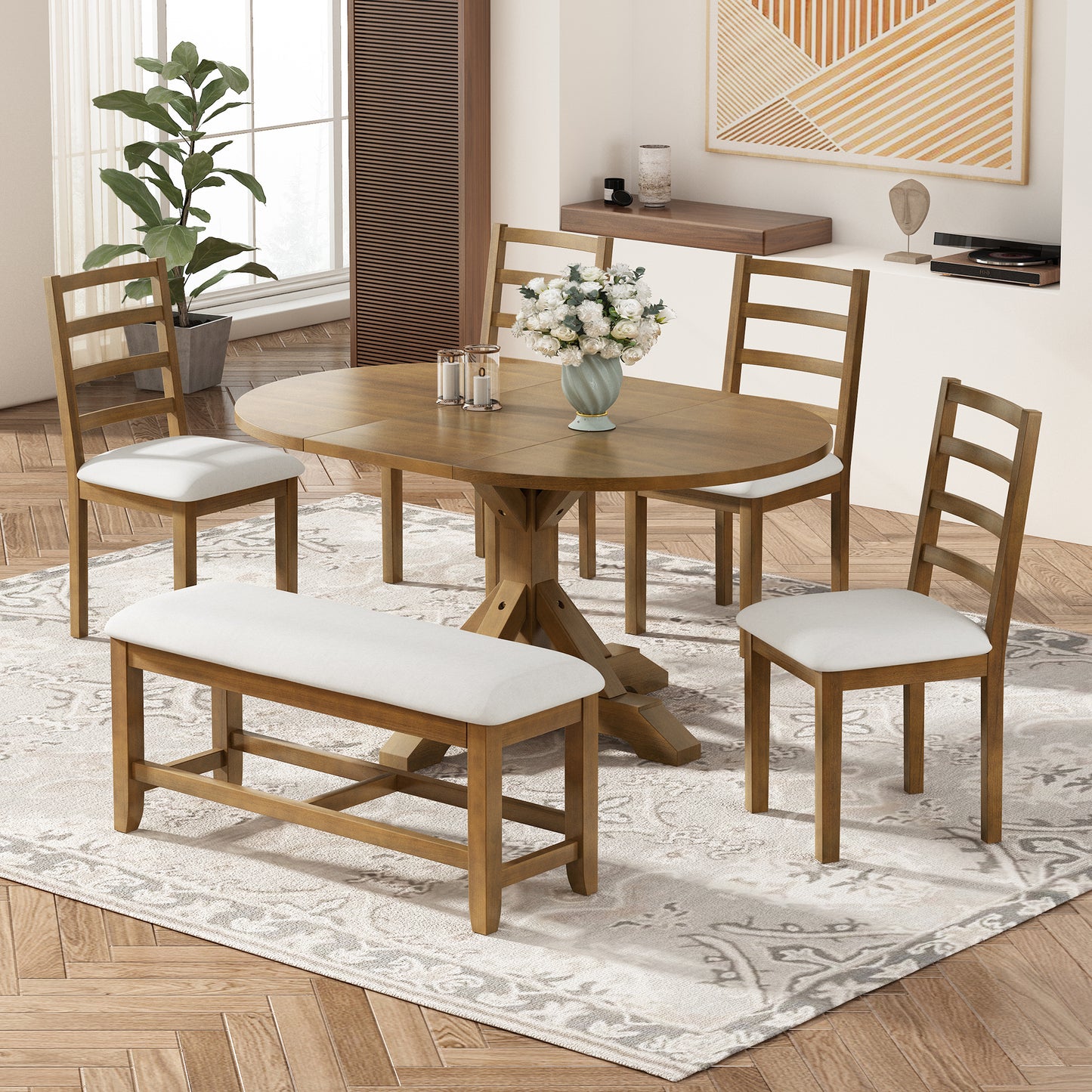 Farmhouse 6-Piece 60inch Extendable Pedestal Dining Table Set with 18inch Removable Leaf, 44inch Bench and 4 Ladder Back