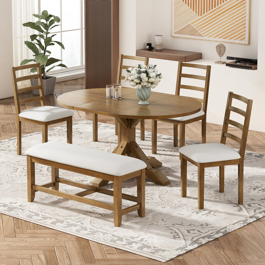 6-Piece Dining Table Set Farmhouse Rubber Wood Dark Brown and Beige with Extendable Design for Dining Room or Kitchen