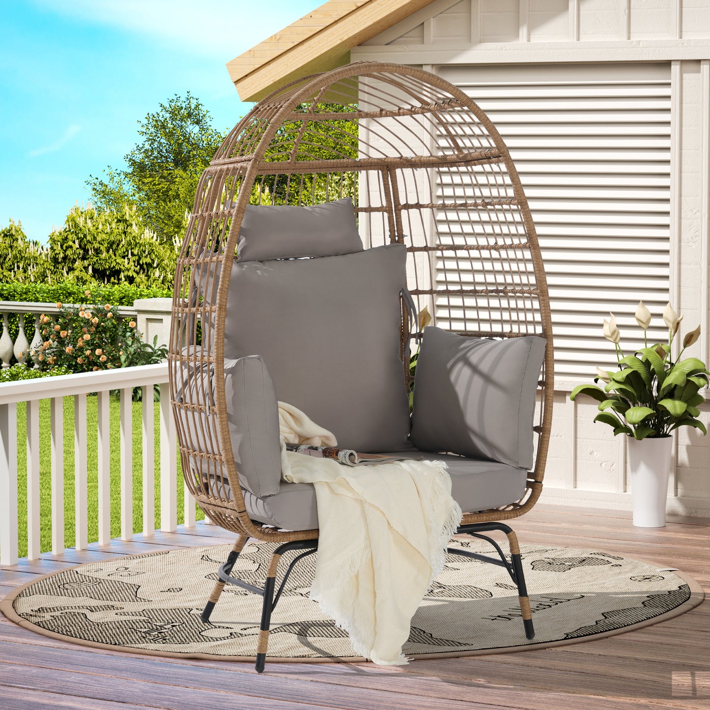 Oversized Wicker Egg Chair – Indoor Outdoor Rattan Lounge Chair with Cushion, Modern Patio Accent Chair