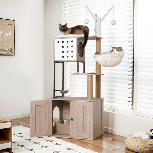 Cat Litter Box Enclosure White+gray Particle Board+MDF with Storage and Feeding Bowl Area for Pet-Friendly Home Organization