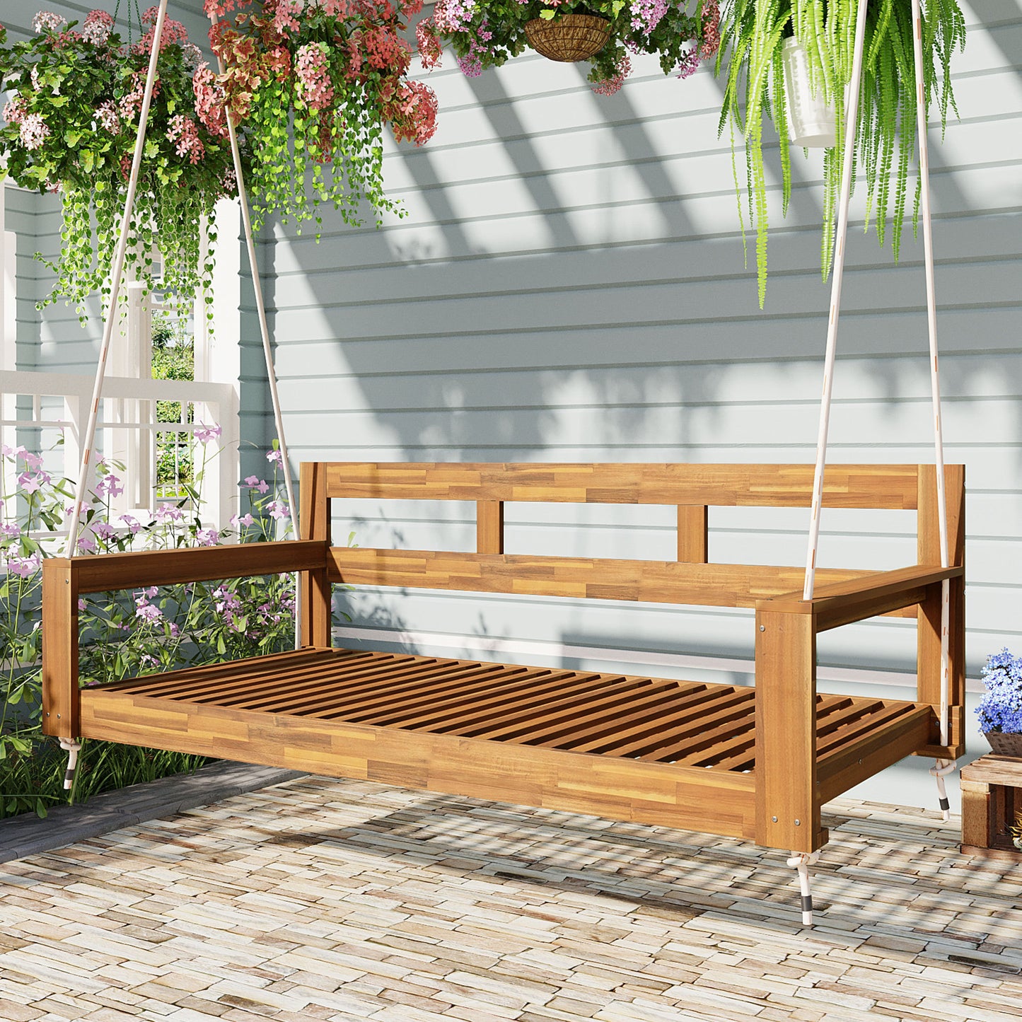 Patio Wooden Twin Size Porch Swing Daybed Frame, Garden Swing Bench Chair with 4 hanging ropes for backyard , outdoor