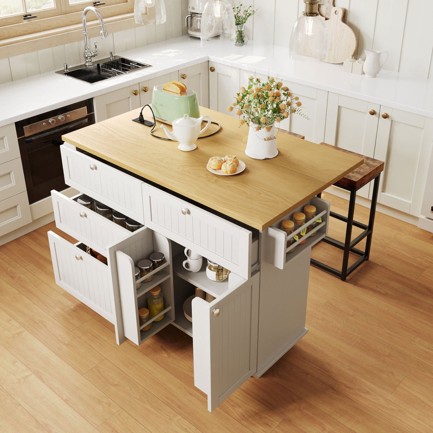 Farmhouse Kitchen Island with Drop Leaf and 2 Seatings, Kitchen Table Set with Storage
