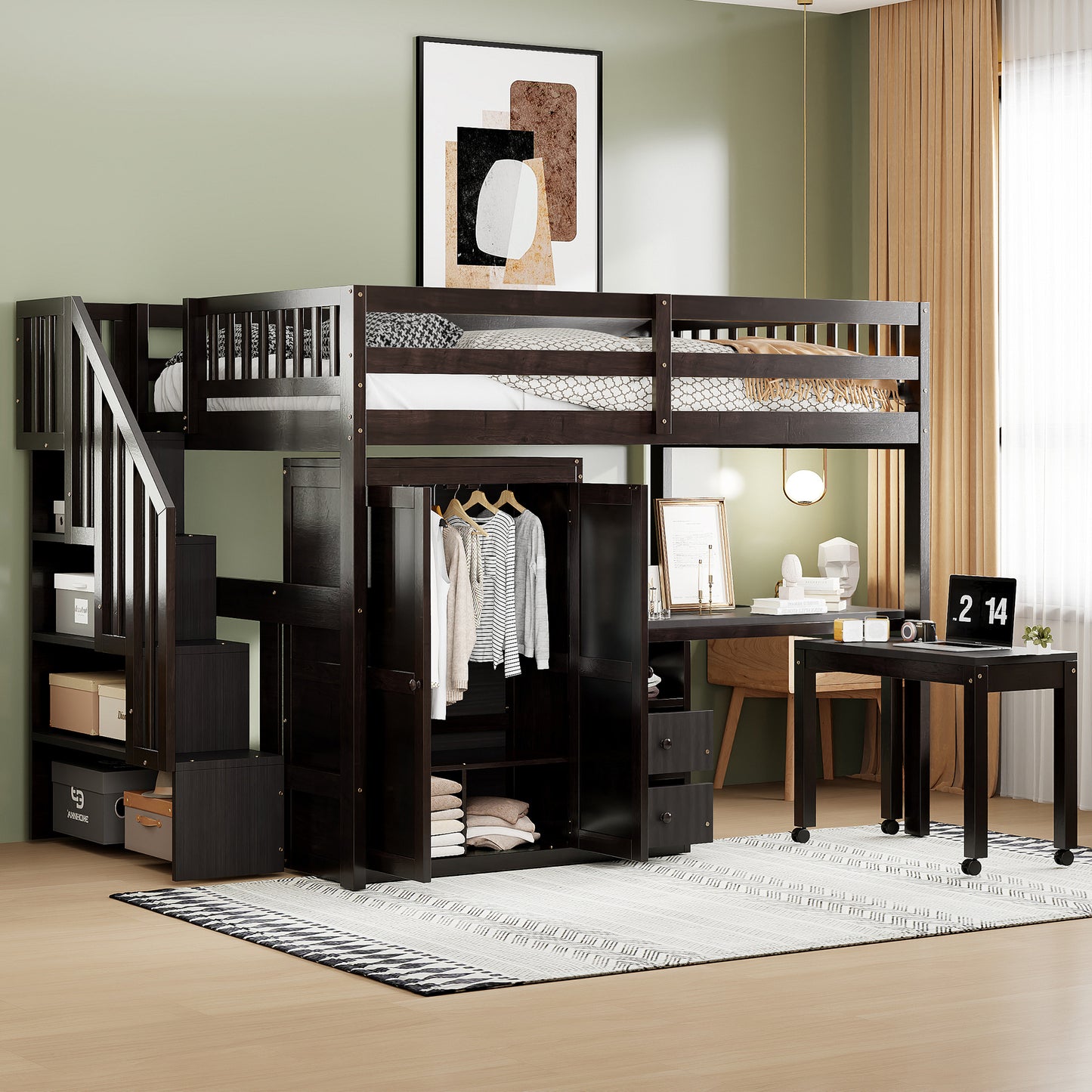 Full Size Loft Bed with Stairs, Bookshelf, Drawers, Desk & Wardrobe – Space