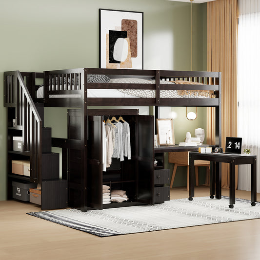 Loft Bed, Full Size, Solid Wood and MDF with Drawers, Shelves, and Wardrobe Storage for Bedroom or Study Space