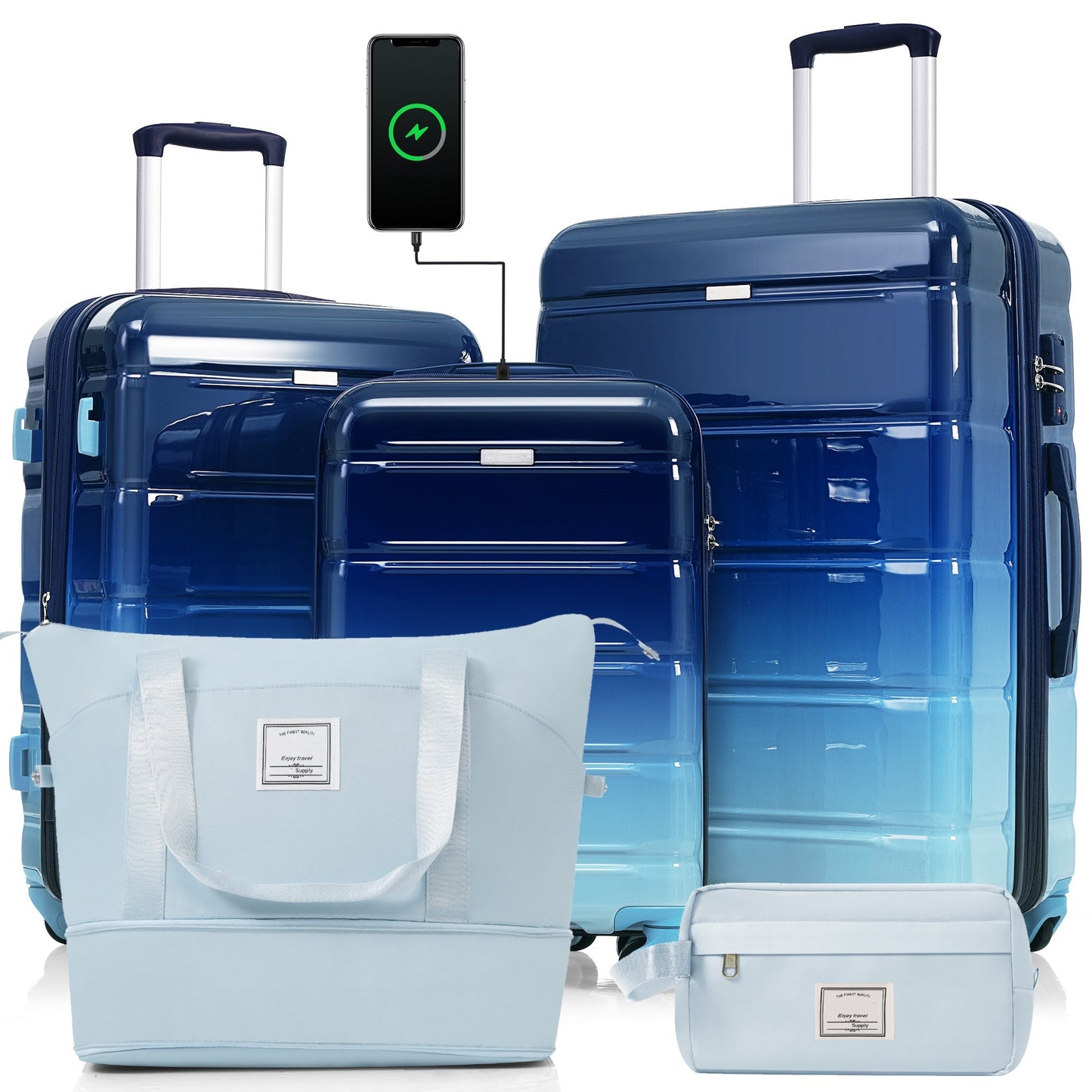 Luggage Sets 5 Piece, 20-inch with USB Port, ABS Durable