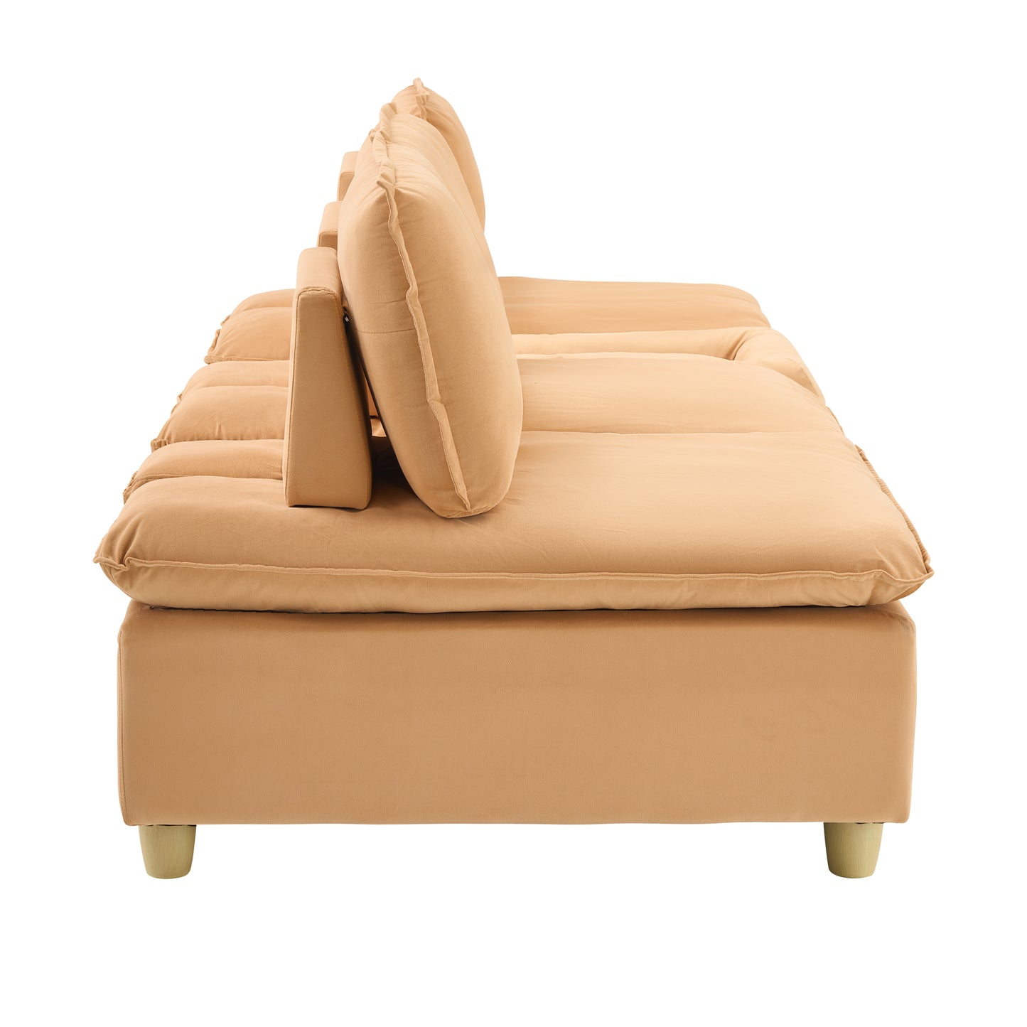 104-inch fashionable and minimalist straight-row three-seater pumpkin-colored flannel sofa with a storage compartment, cup holders and an adjustable backrest is suitable for living rooms and balconies