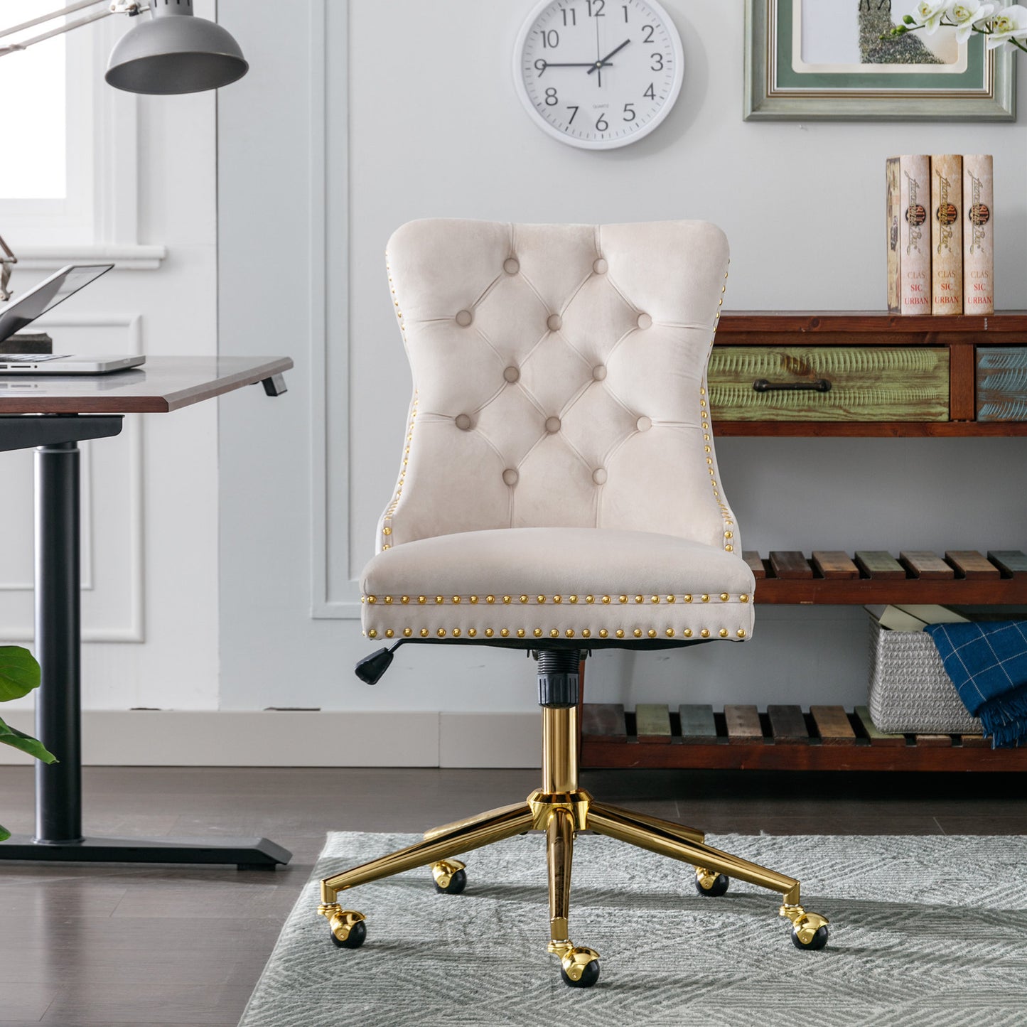Velvet Upholstered Tufted Button Home Office Chair with Golden Metal Base