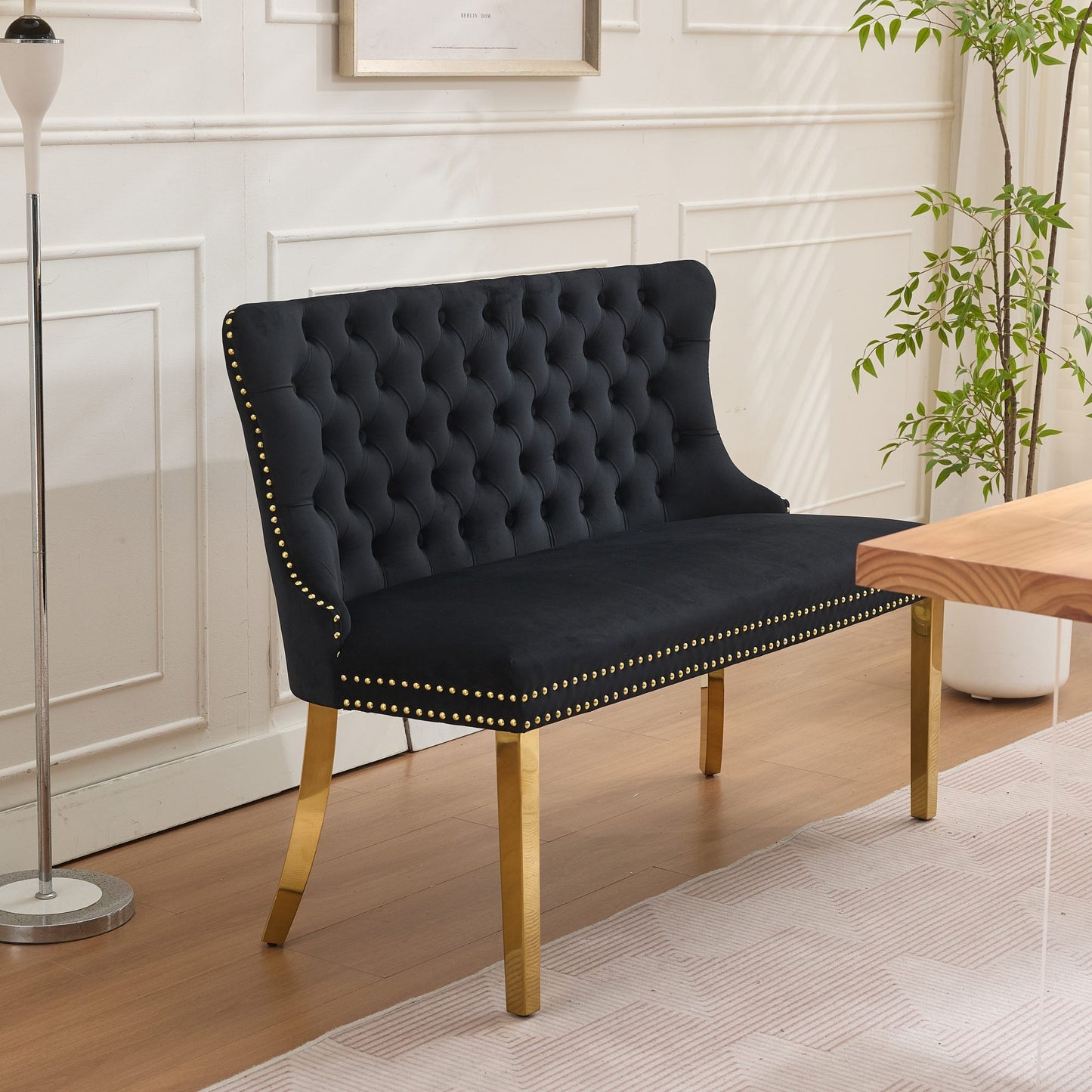Velvet Double Dining Loveseat Bench, Kitchen & Dining Seating, 2-Seat Tufted Bench w/Handmade Buttons, Wing Back, Gold-P