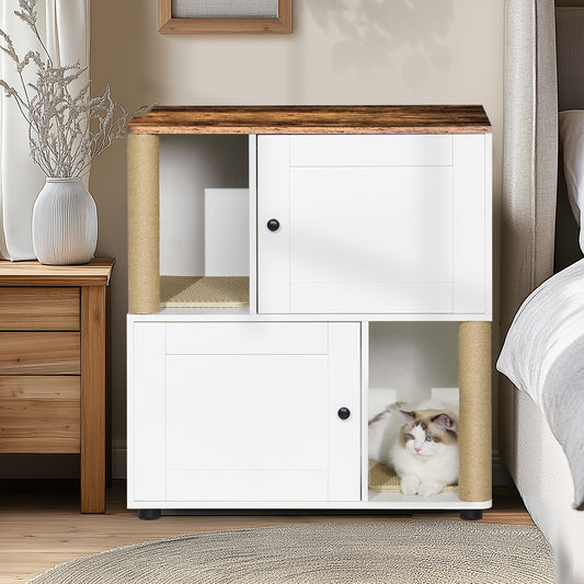 Cat Litter Box Enclosure White+Vintage Particle Board with Storage and Shelves for Pet-Friendly Home Organization
