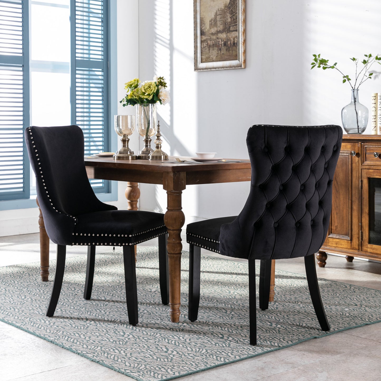 Upholstered Wing-Back Dining Chair with Backstitching Nailhead Trim and Solid Wood Legs,