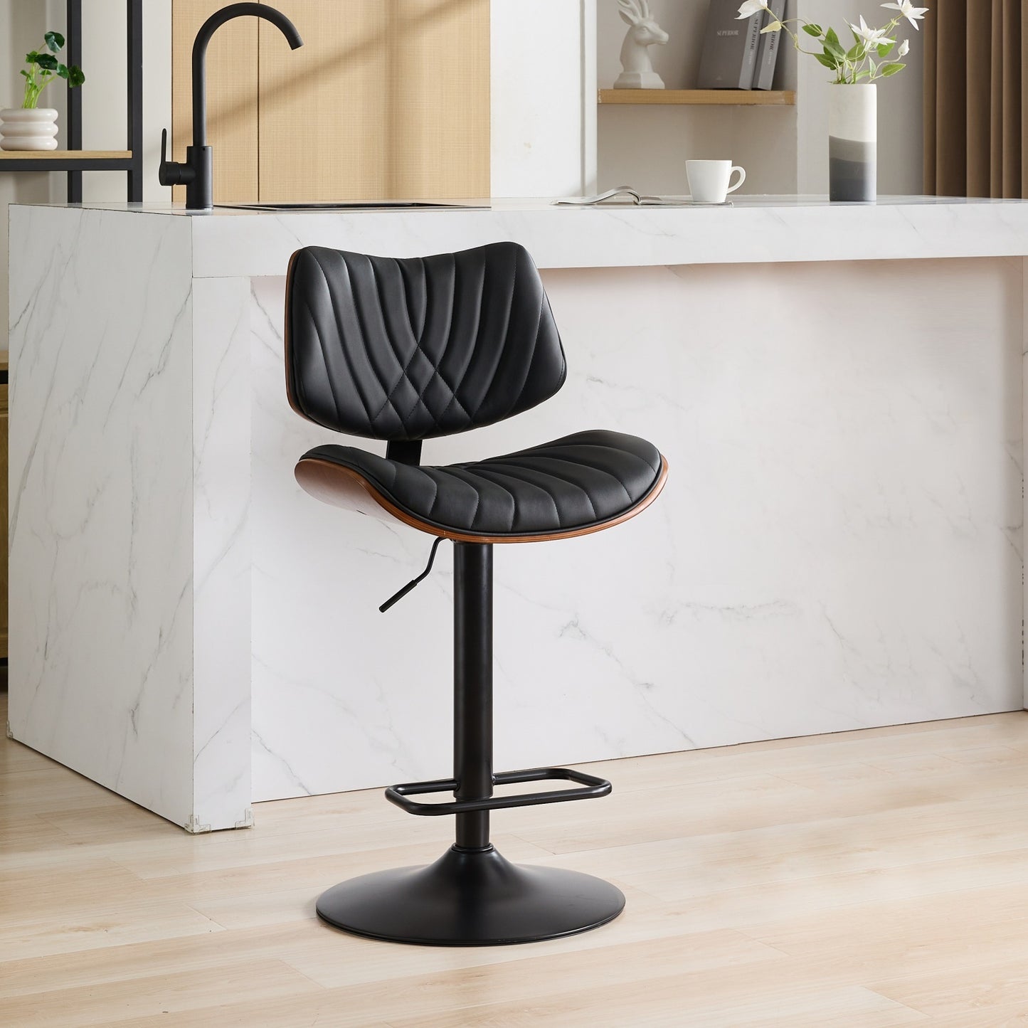Walnut Bentwood Bar Stools Mid Century Modern Adjustable Counter Height Leather Upholstered 36