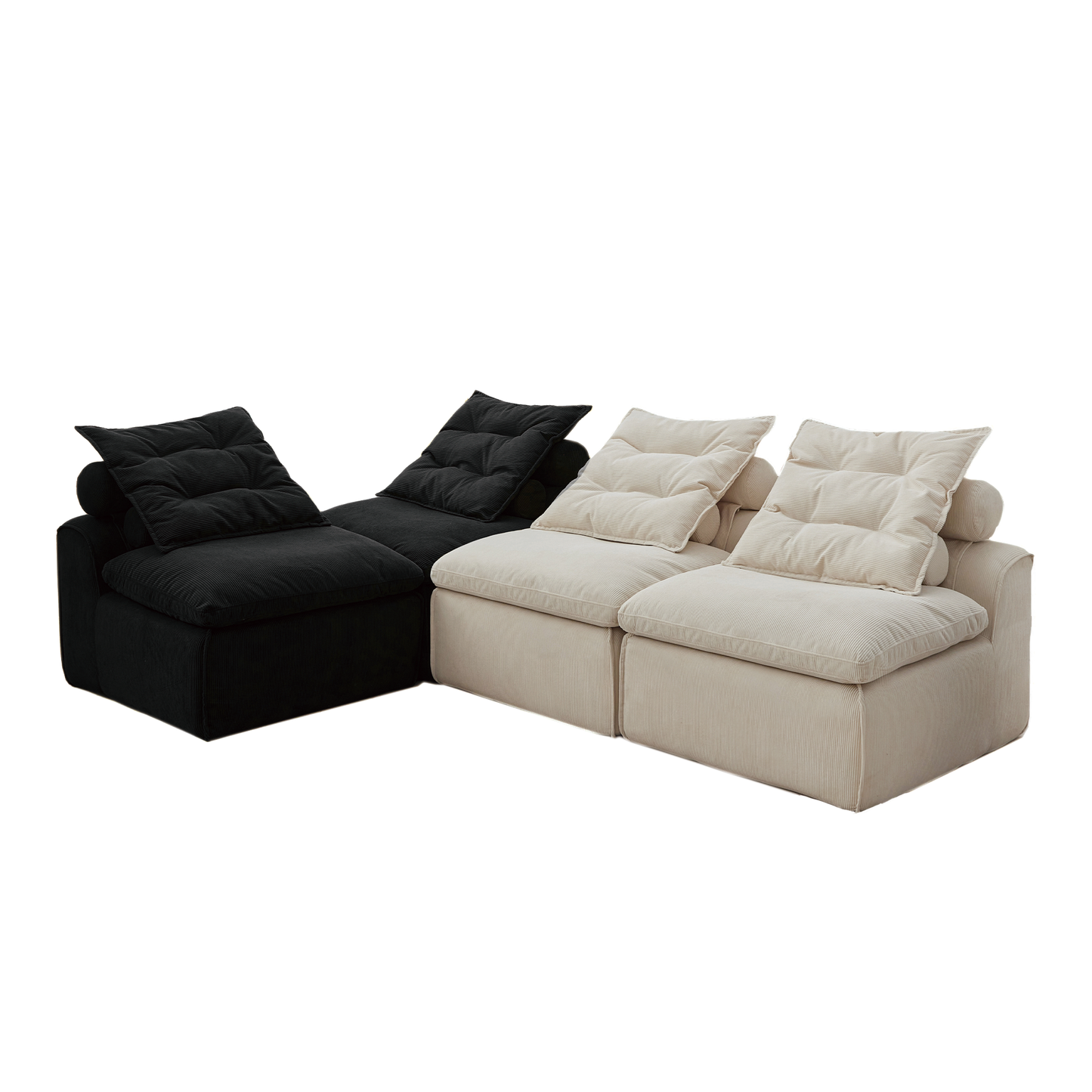 Modular Sofa,No Armrests,At will DIY,Corduroy ,Neck Pillow-Back Lounge Sofa Chair,Reading Nook, or Apartment Living, Lumbar Pillow,4 Seats,Upholstered,Beige,Black