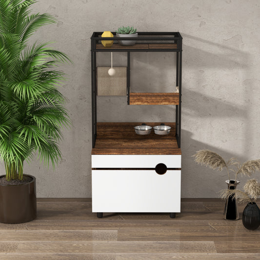 Cat Litter Box Enclosure White+Vintage Particle Board with Storage and Cat Tree Tower for Pet-Friendly Home Organization