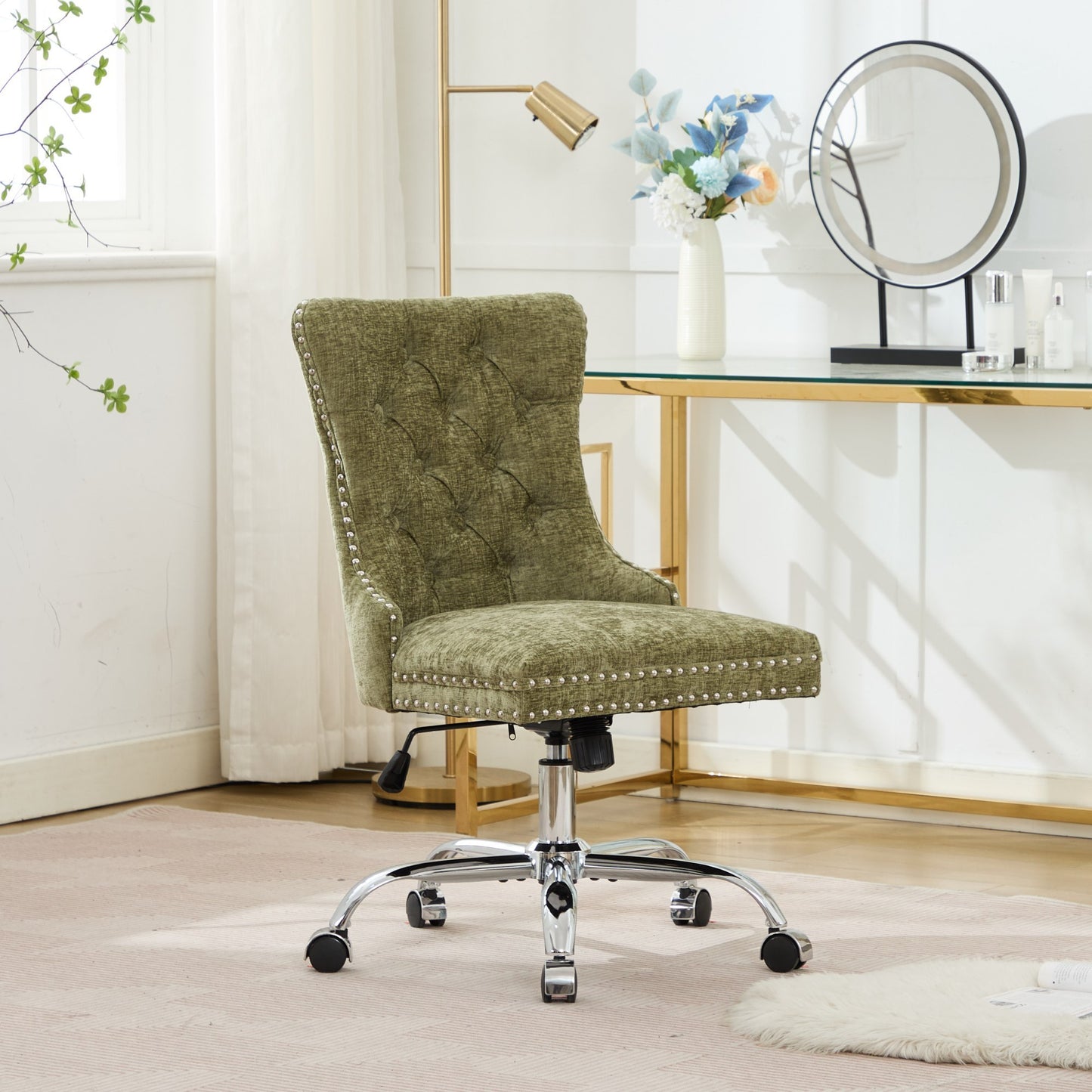 Modern Chenille Upholstered Tufted Button Home Office Chair with Chrome Metal Base