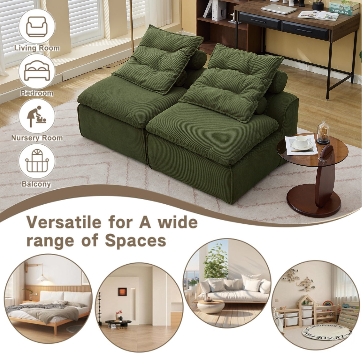 Modular Sofa,No Armrests,At will DIY,Soft Corduroy Fabric,Neck Pillow-Back Lounge Sofa Chair,Reading Nook, or Apartment Living, Lumbar Pillow,2 Seats,Upholstered,Green