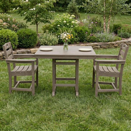Antique Wood HDPE 3-Piece Patio Dining Set with Square Table and 2 Armchairs