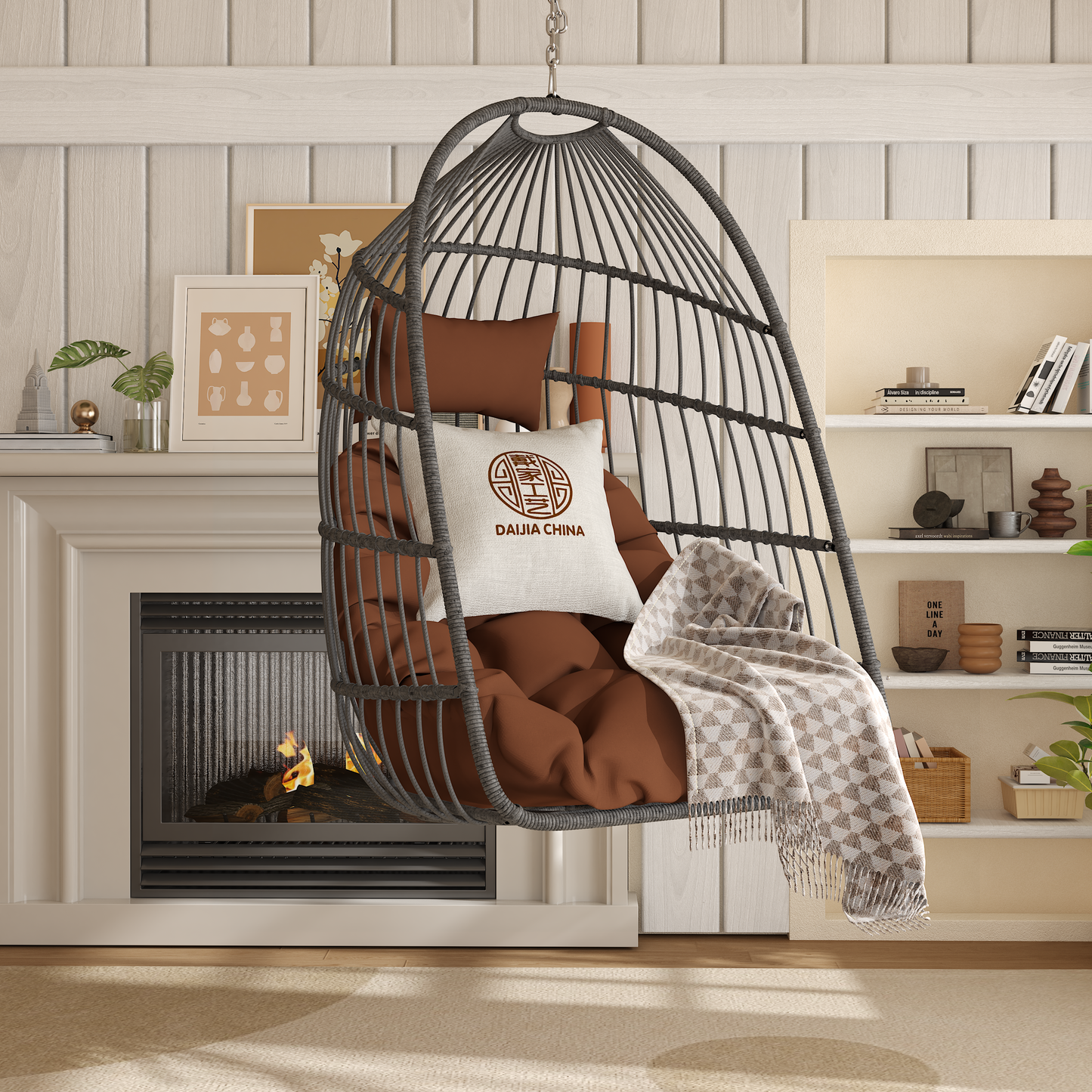 Outdoor Rattan Egg Hanging Chair – PE Wicker Swing Chair for Patio & Garden, Indoor Outdoor Egg Chair, Durable Steel Frame