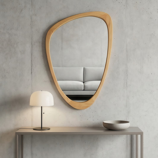 Irregular Solid Wood Wall Mirror with Asymmetrical Frame for Bedroom, Bathroom, or Entryway