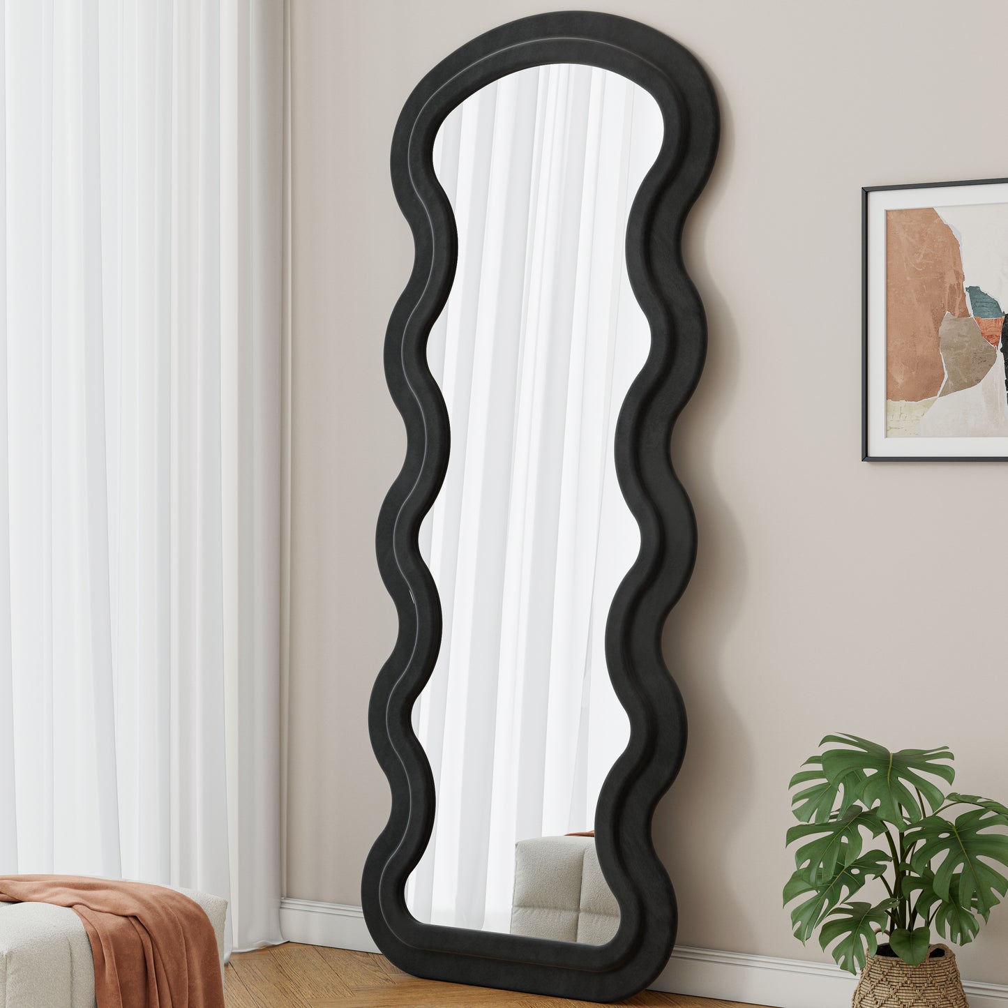 Flannel Full Length Wave Floor Mirror with Stand for Bedroom living room Hanging or Against The Wall