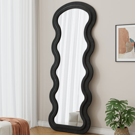 Flannel Wave Full Length Floor Mirror with Stand, Upholstered Wavy Accent Mirror for Bedroom, Living Room & Dressing Room