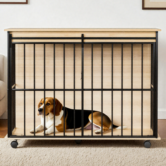 Large Wooden Dog Crate Furniture with Tray, Indoor Pet Kennel Side Table for Medium & Large Dogs