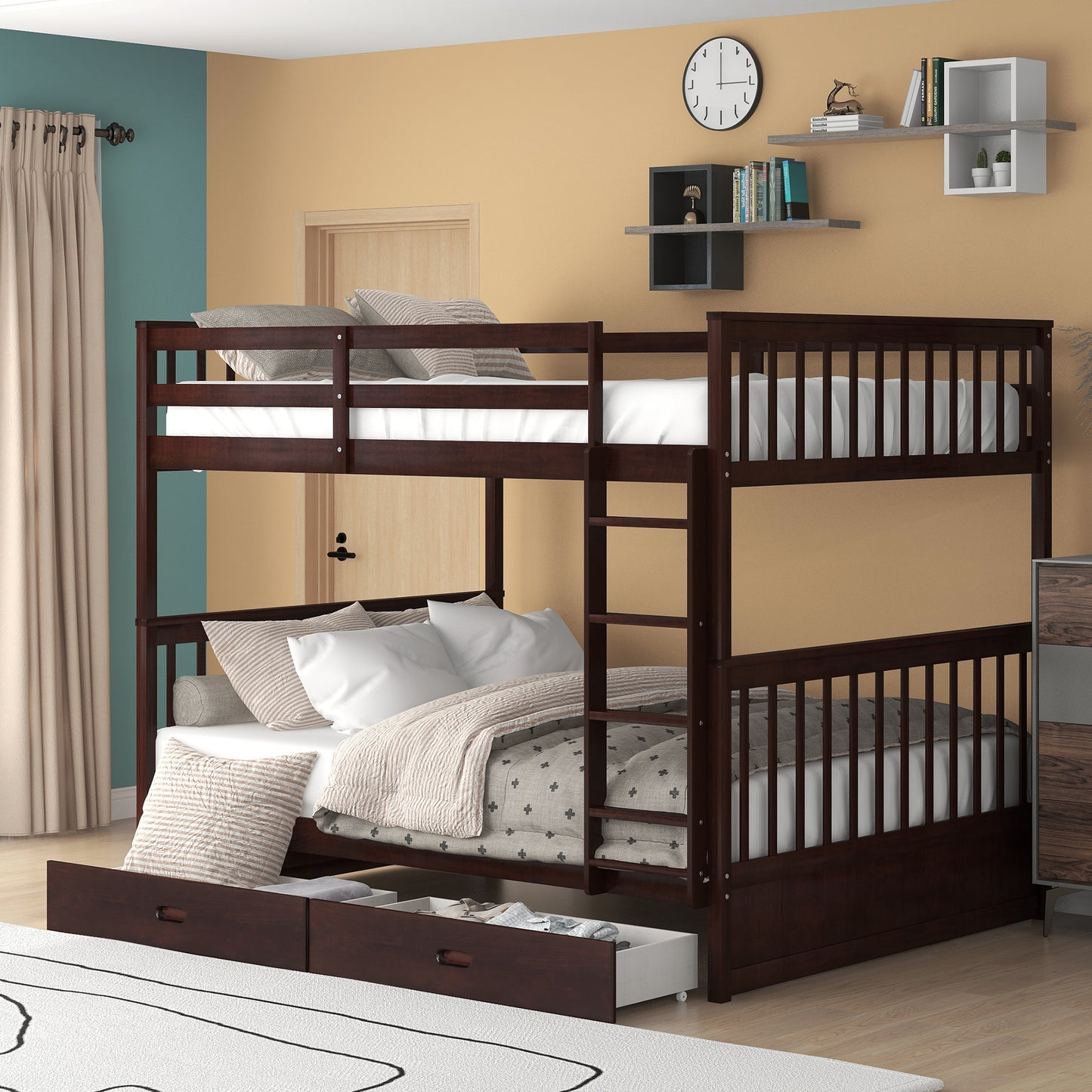 Full-Over-Full Bunk Bed with Ladders and Two Storage Drawers