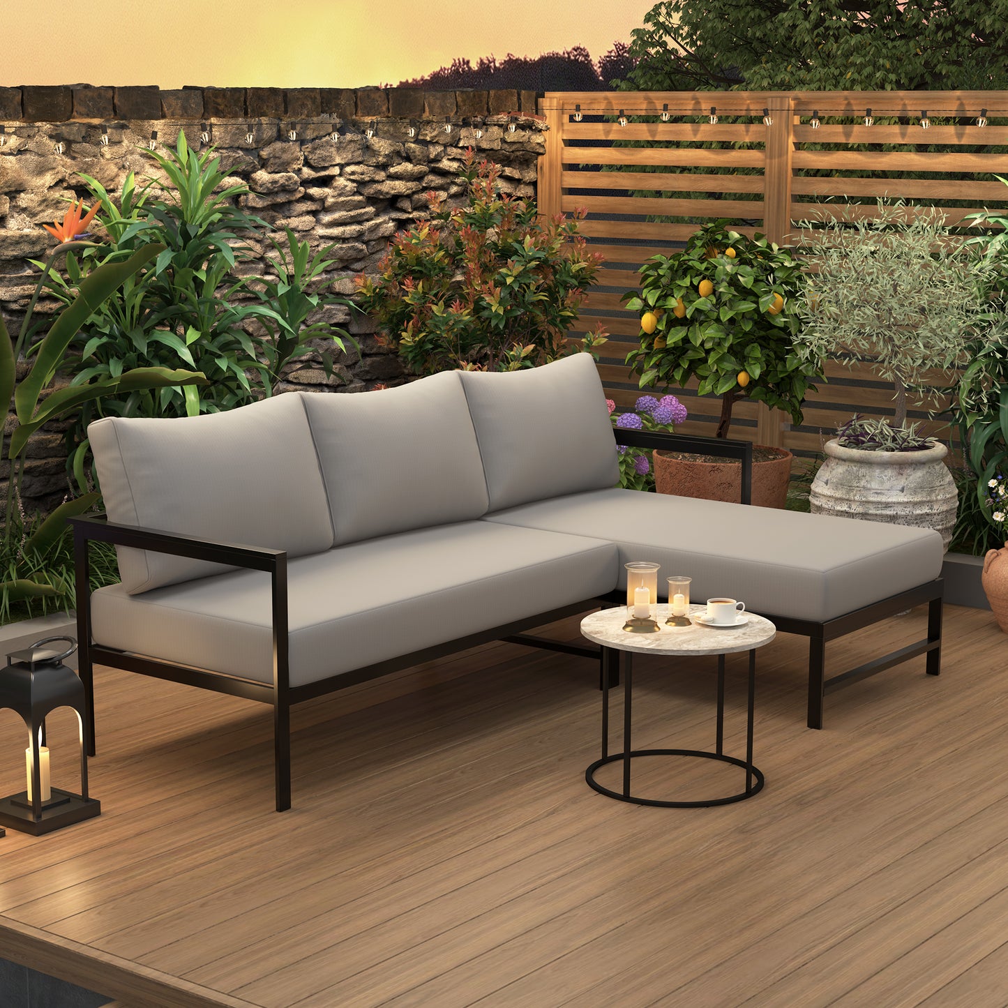 Outdoor L-Shaped Sofa with Iron Frame,Weather-Resistant Patio Sofa Set with Ultra-Thick Cushions,Comfortable Seating for