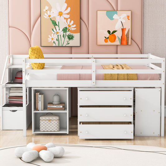 Loft Bed, Full Size, Solid Wood and MDF with Three Drawers, Retractable Desk, and Storage Stairs for Bedroom or Study Space