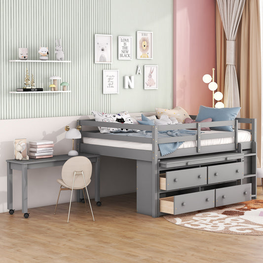 Loft Bed, Solid Wood and MDF with Four Storage Drawers and Rolling Desk, Available in Full and Twin sizes for Bedroom or Study Space