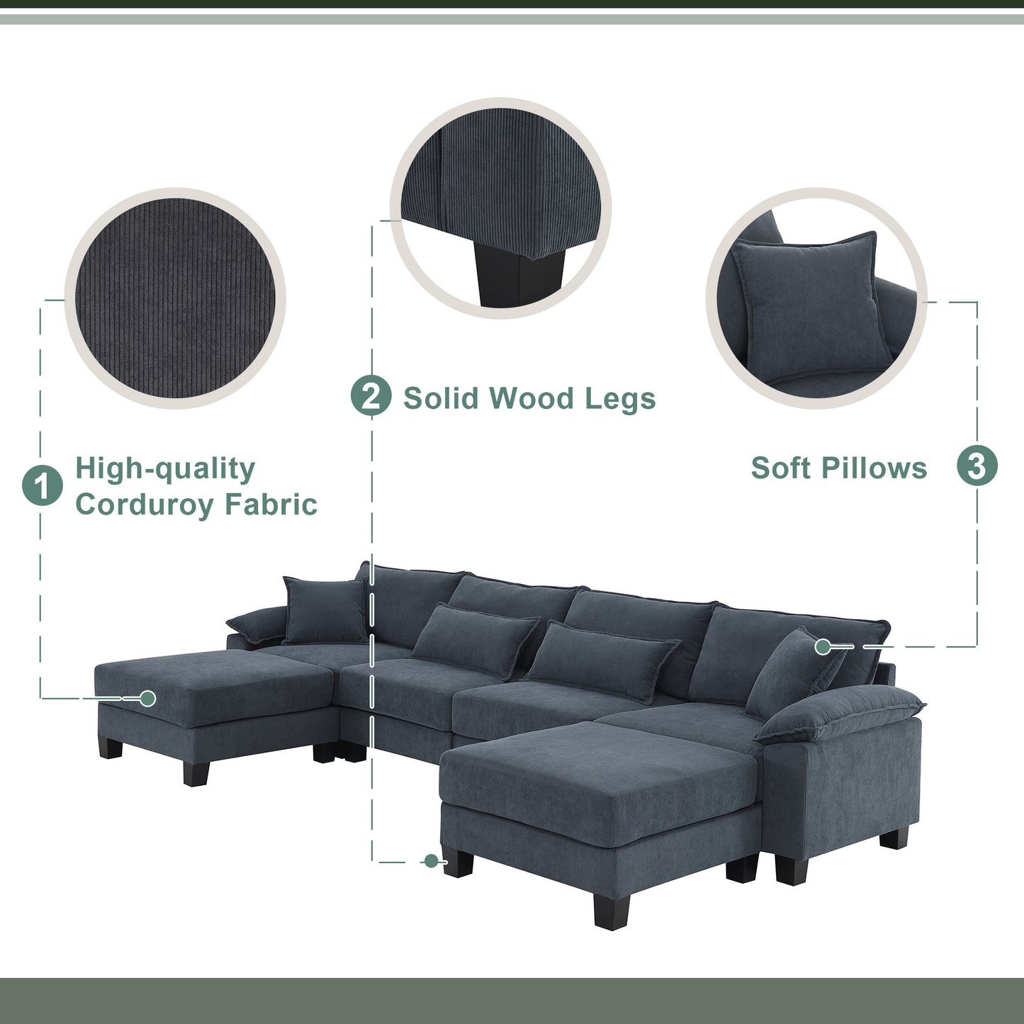 133*65" Corduroy Modular Sectional Sofa,U Shaped Couch with Armrest Bags,6 Seat Freely Combinable Sofa Bed,Comfortable and Spacious Indoor Furniture for Living Room, 2 Colors