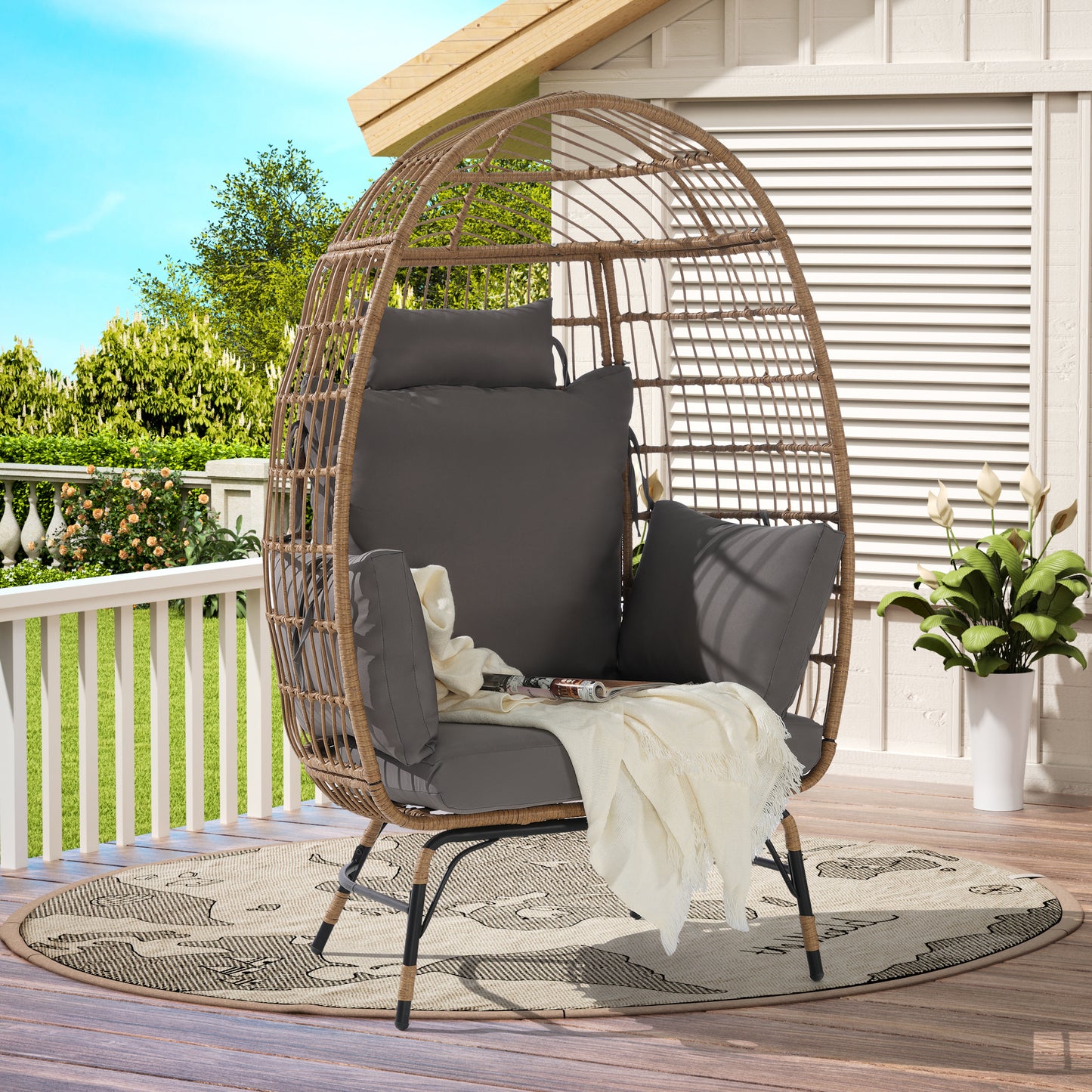Oversized Wicker Egg Chair – Indoor Outdoor Rattan Lounge Chair with Cushion, Modern Patio Accent Chair