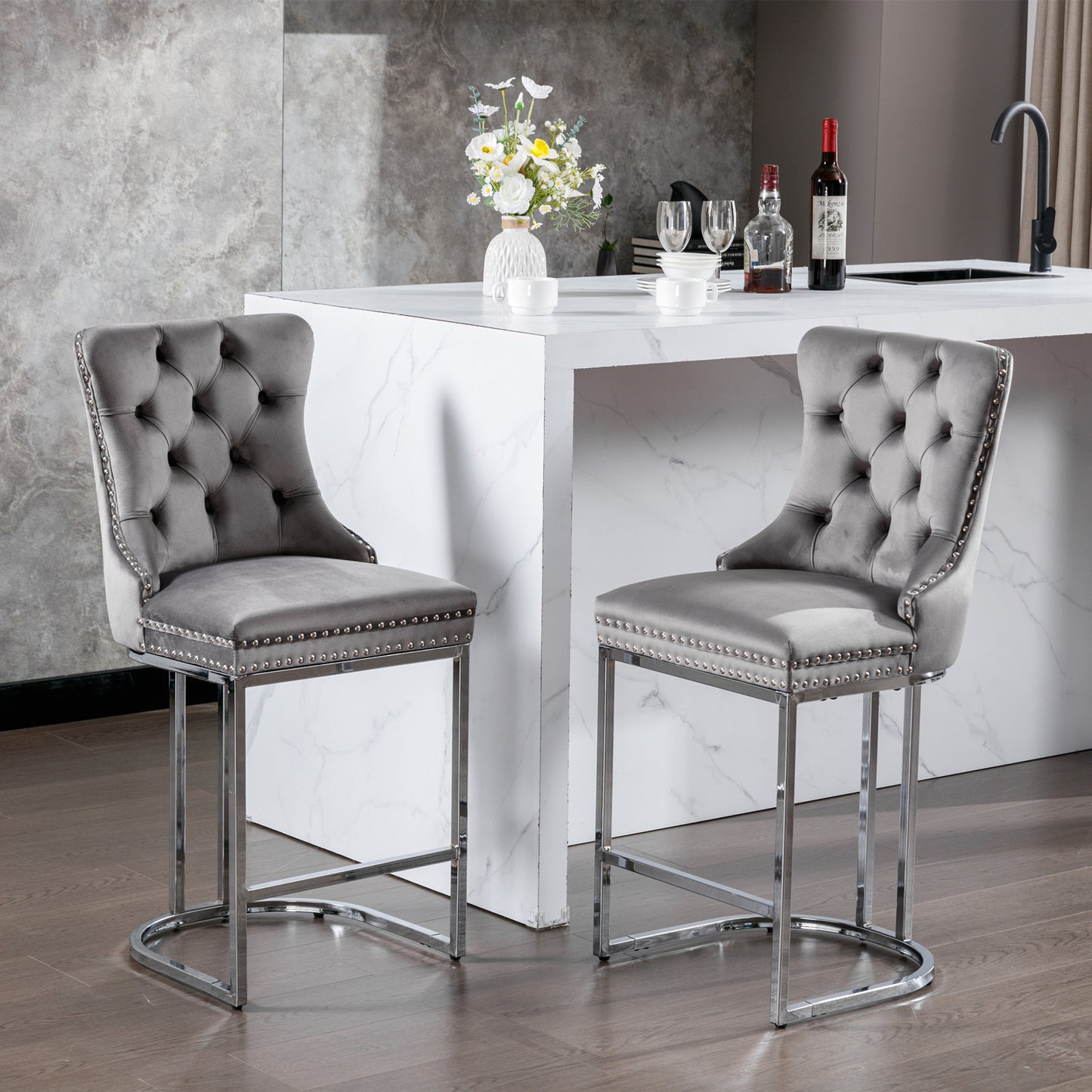 26' Counter Height Bar Stools Set of 2, Modern Velvet Barstools