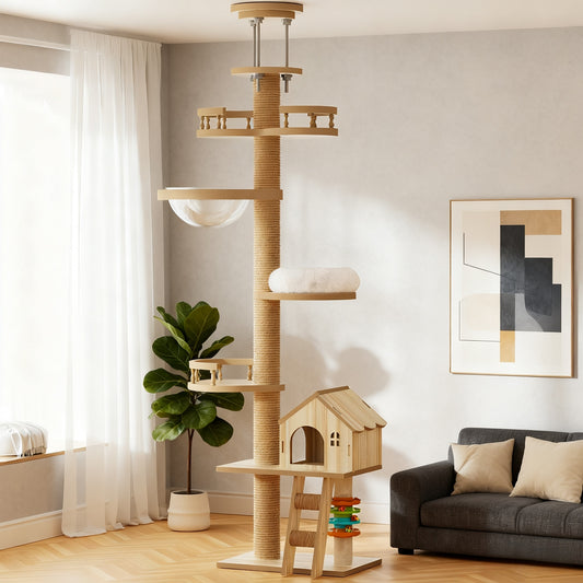 Floor to Ceiling Cat Tree – Adjustable Height Modern Cat Tower with Scratching Posts, Wood Condo Cave Bed & Hammock for Indoor Cats