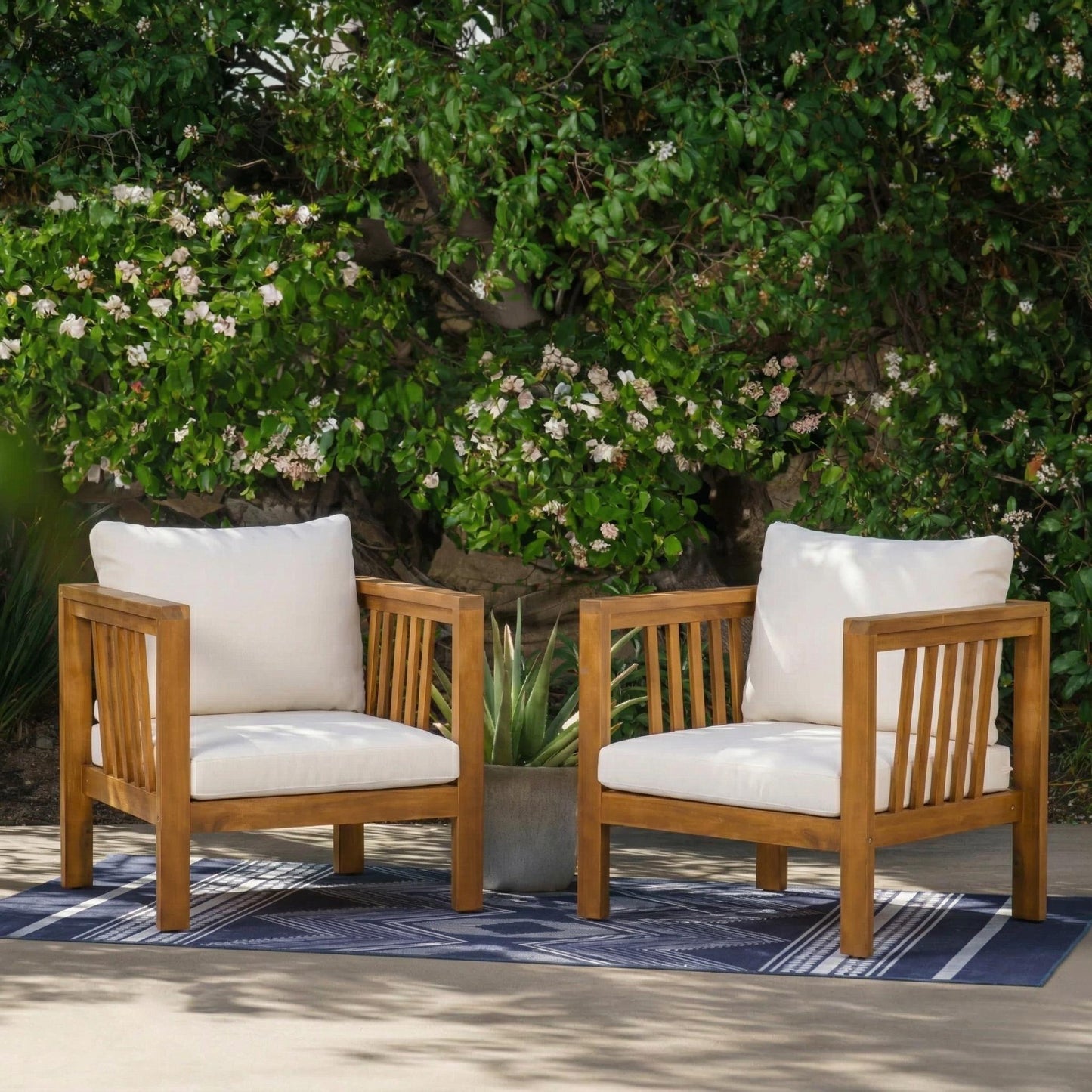Outdoor Acacia Wood Club Chair with Modern Square Arms, Patio Chair with Thick Cushion, Adjustable Leveling