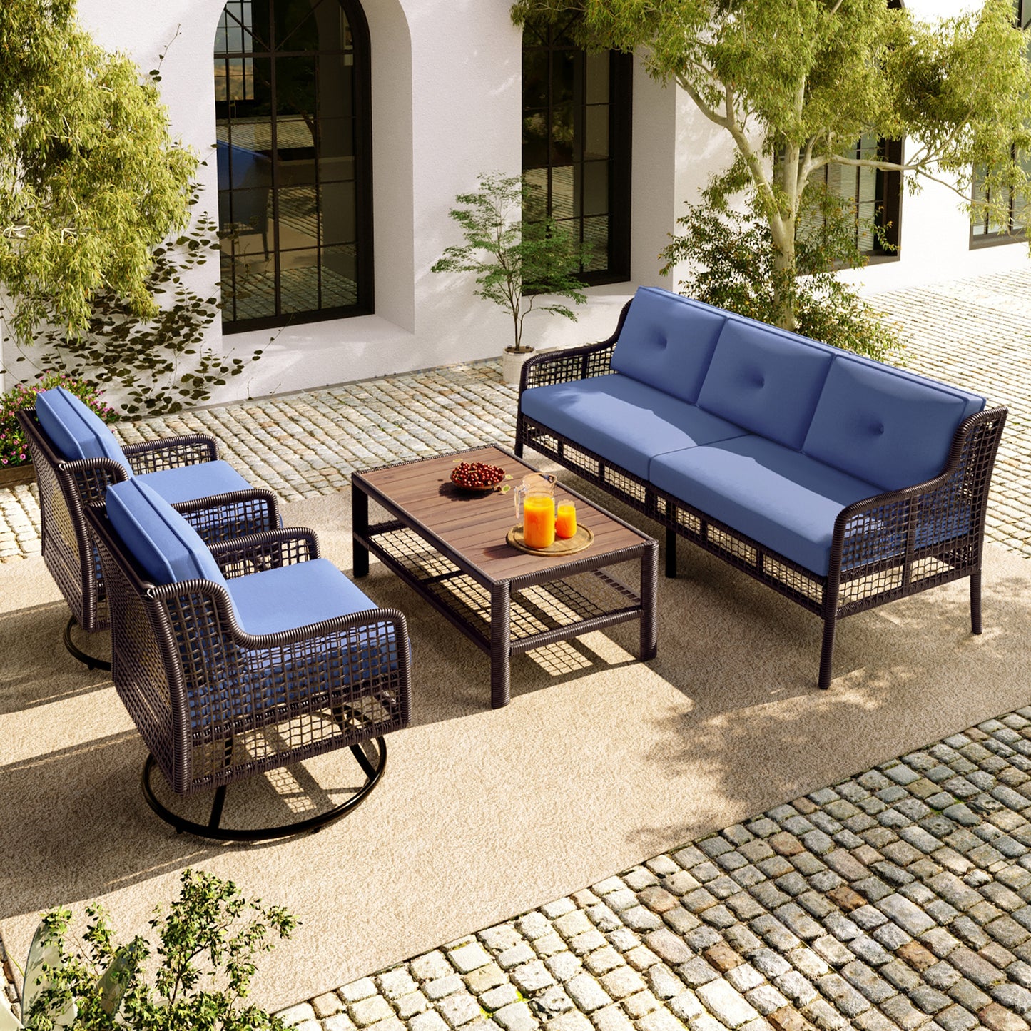 4 Pieces Patio Furniture Set with Swivel Chairs, Outdoor Wicker Sofas for 5-person, Sectional Rattan Outdoor Conversation Set for Poolside Backyard Deck, Blue