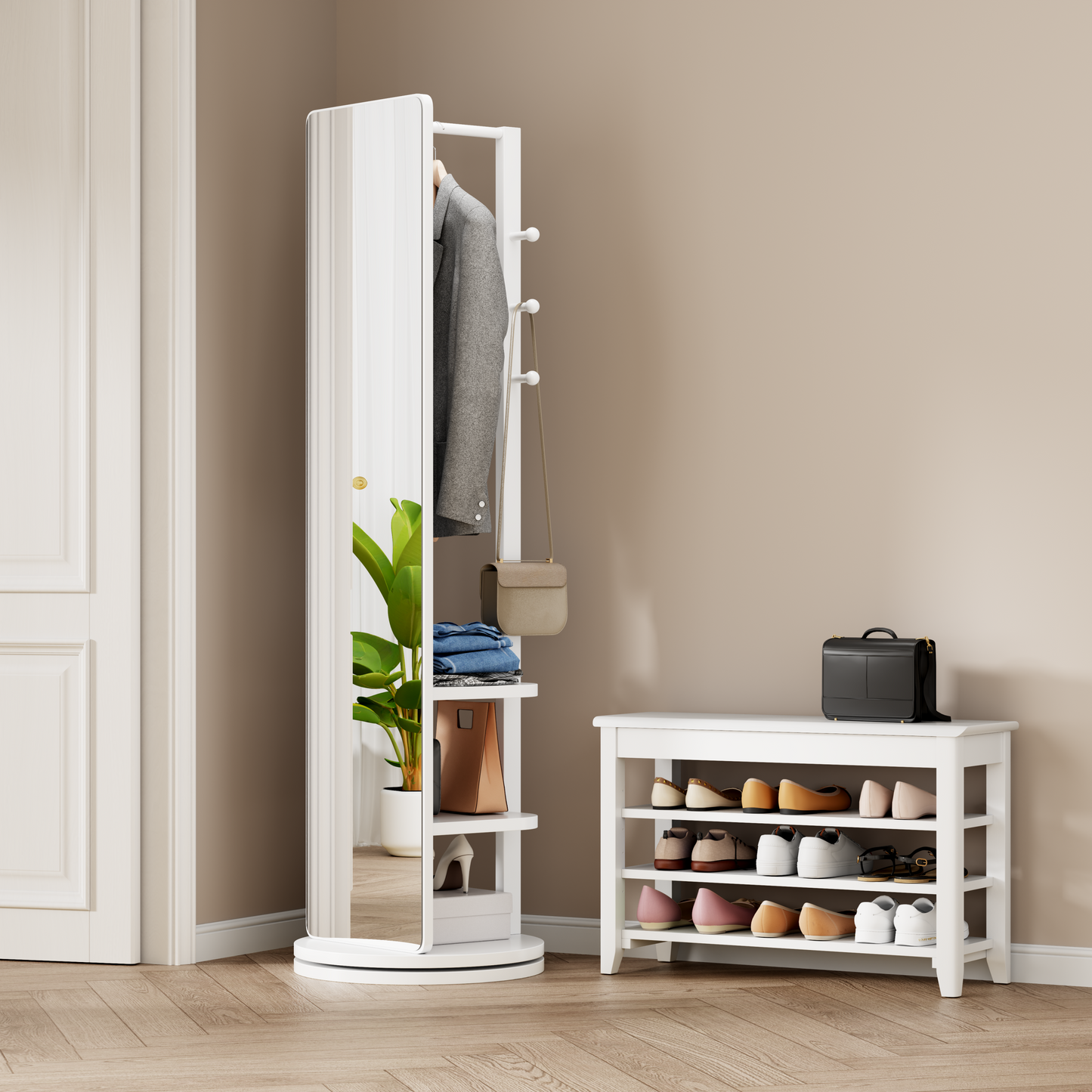360° Rotating Full Length Mirror – 66"x14" Standing Mirror with Storage Rack & Hooks, Solid Wood Frame