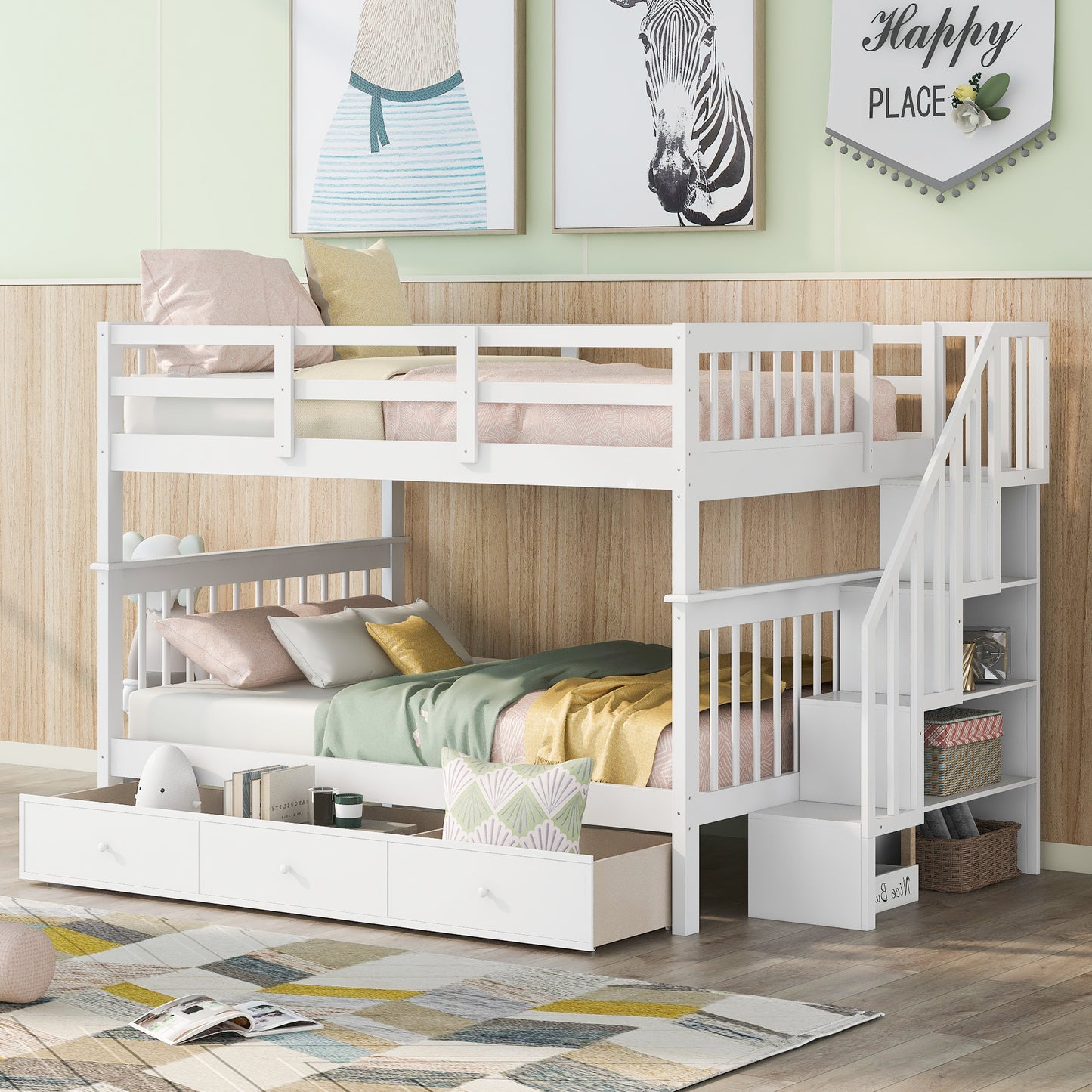 Stairway Full-Over-Full Bunk Bed with Drawer, Storage and Guard Rail for Bedroom